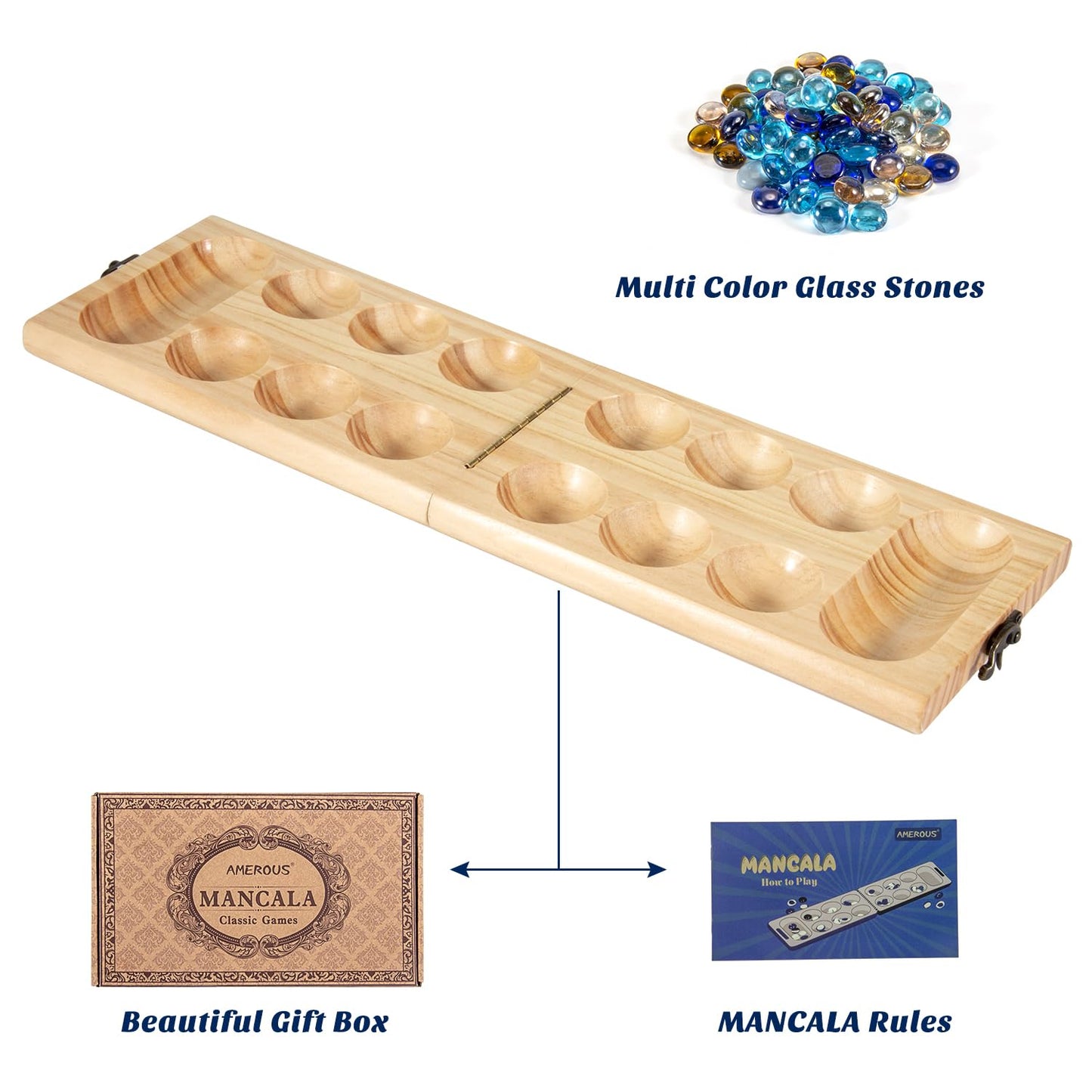 AMEROUS Wooden Mancala Board Game Set — Folding Travel Board with Glass Stones