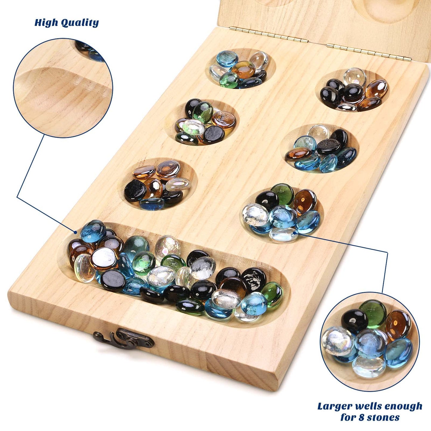 AMEROUS Wooden Mancala Board Game Set – Upgraded Large Size, 72+8 Glass Stones, Folding Board, Gift Package