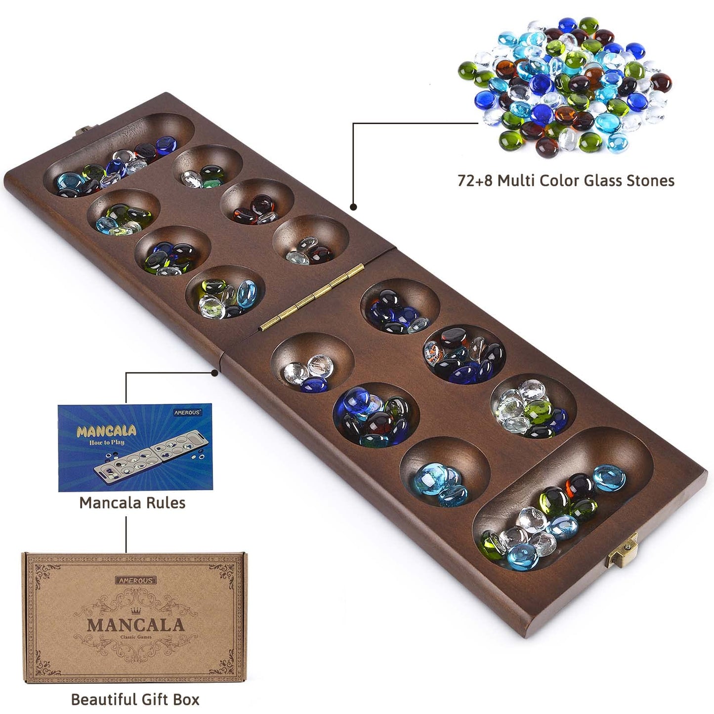 AMEROUS Wooden Mancala Board Game Set – Folding Board, 72+8 Glass Stones