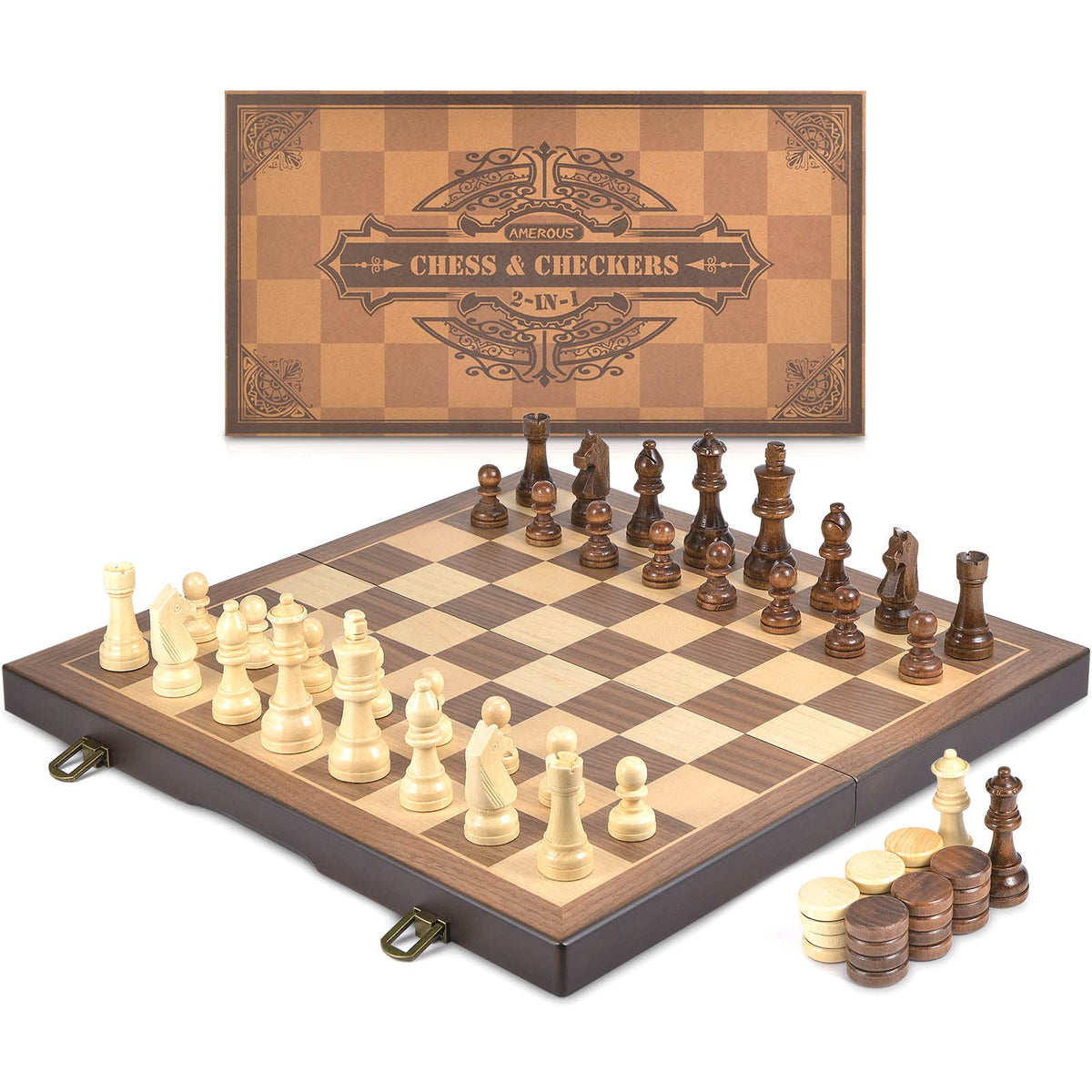 AMEROUS 15-Inch Magnetic Wooden Chess & Checkers Set – 2-in-1 Travel Chess Board