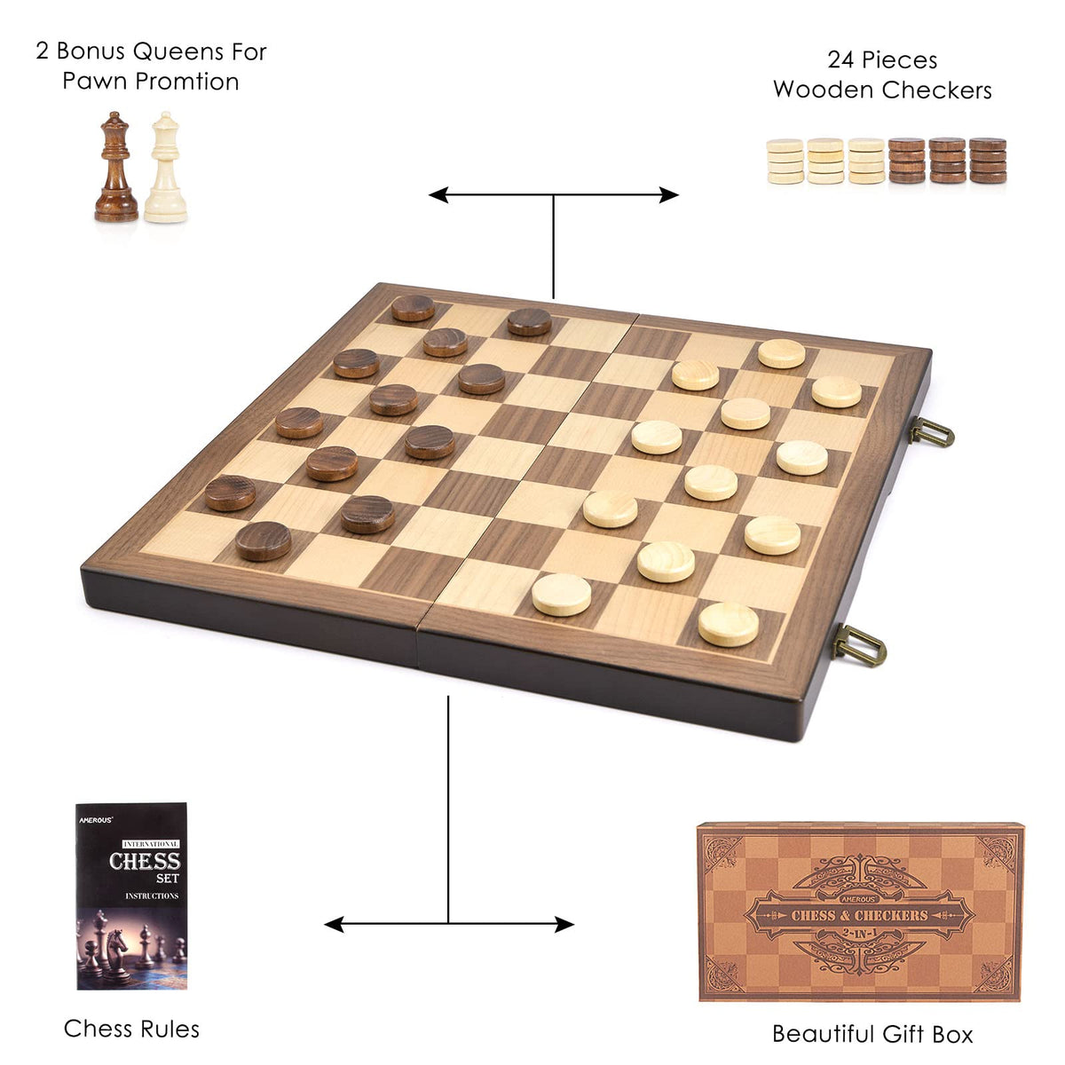 AMEROUS 15-Inch Magnetic Wooden Chess & Checkers Set – 2-in-1 Travel Chess Board
