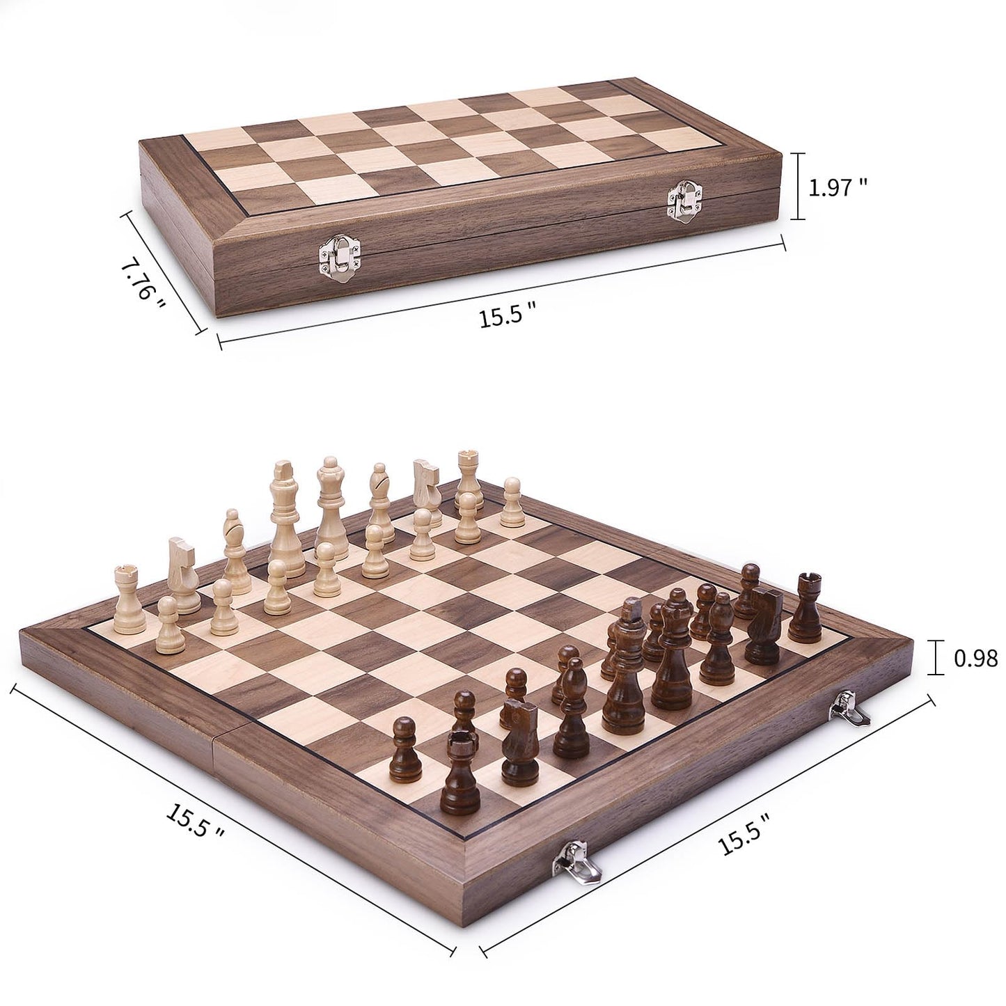 AMEROUS 15-Inch Magnetic Wooden Chess Set with 2 Extra Queens | Portable Folding Board