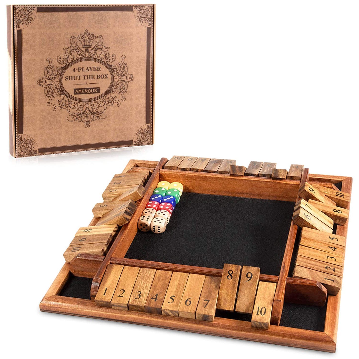 AMEROUS 1-4 Player Shut The Box Dice Game – Wooden 12-Inch Tabletop Family Strategy