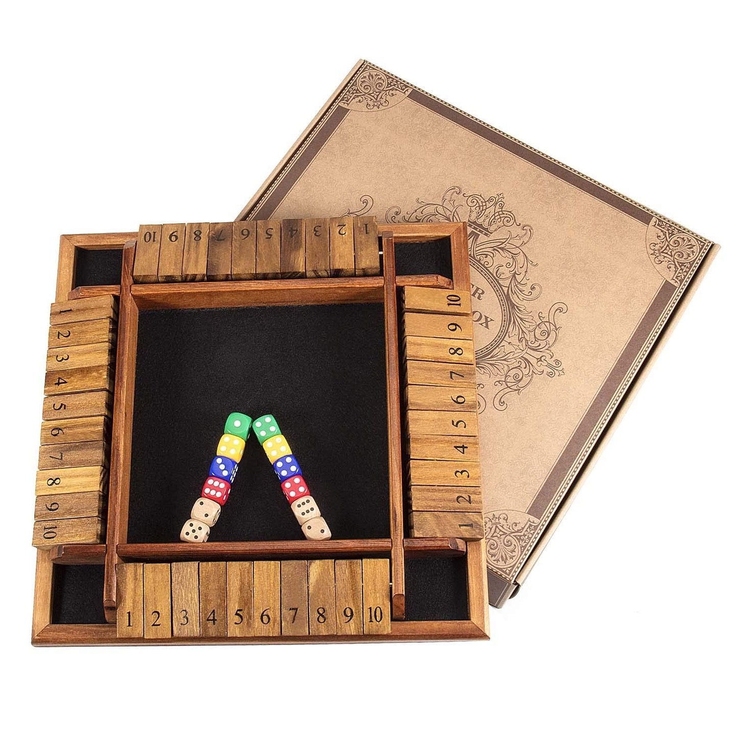 AMEROUS 1-4 Player Shut The Box Dice Game – Wooden 12-Inch Tabletop Family Strategy
