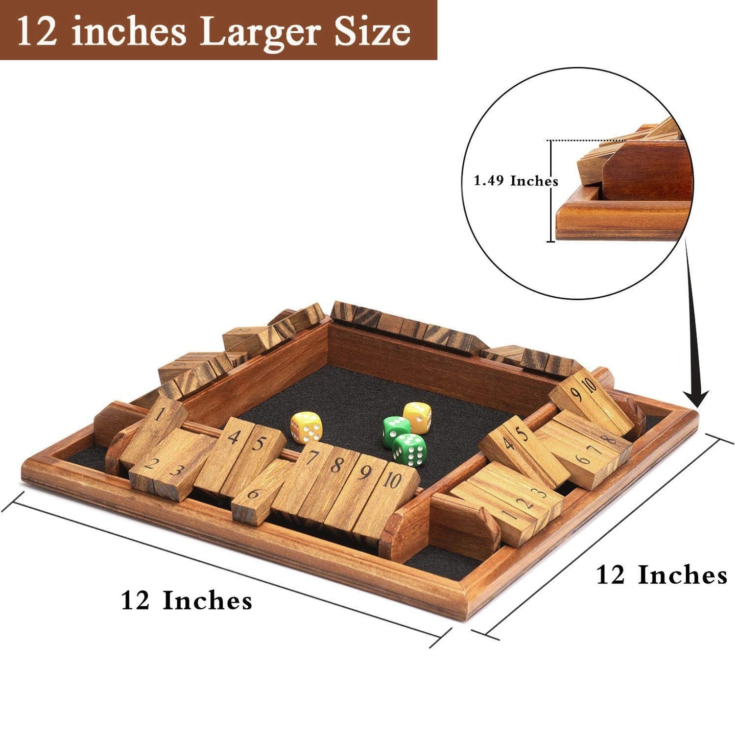 AMEROUS 1-4 Player Shut The Box Dice Game – Wooden 12-Inch Tabletop Family Strategy