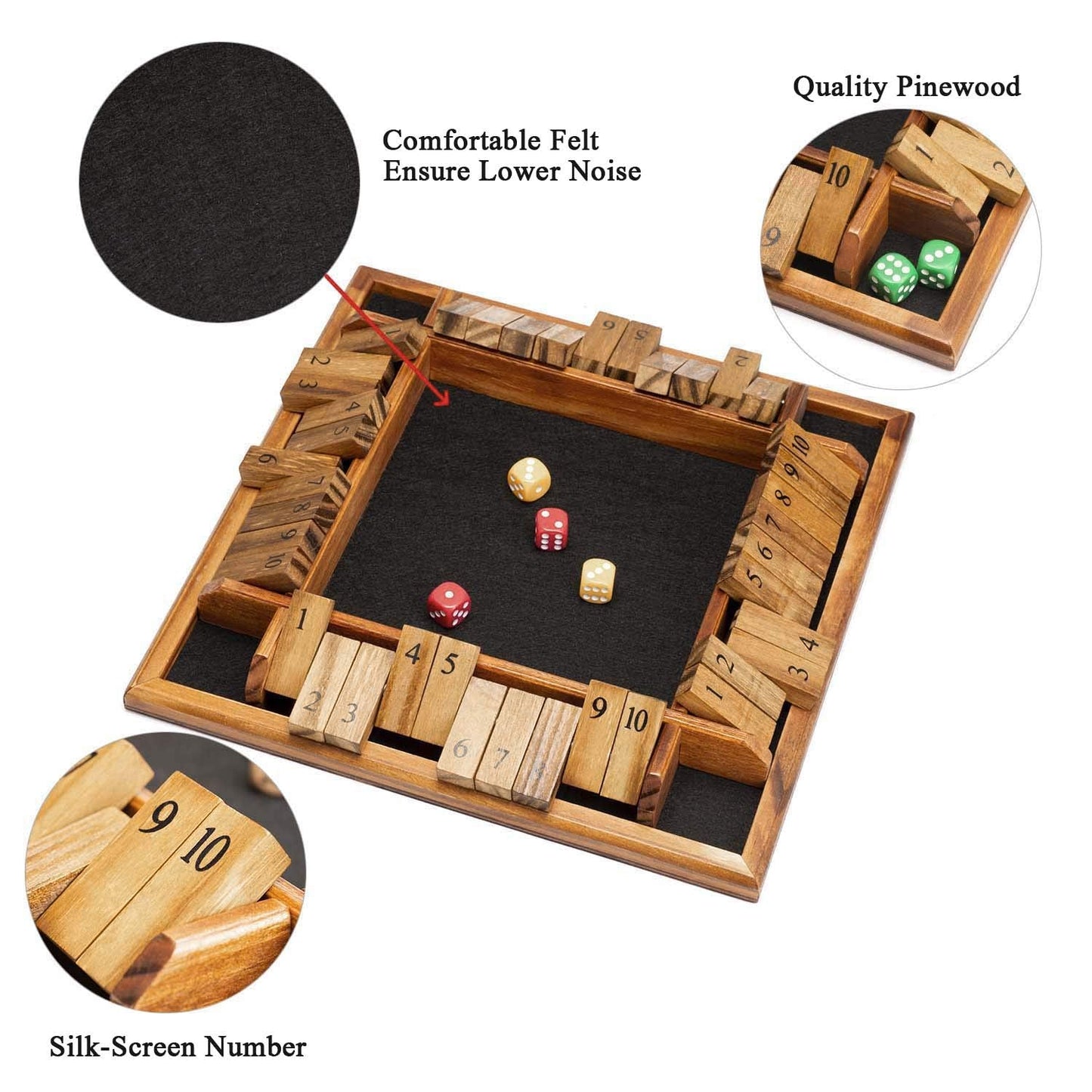 AMEROUS 1-4 Player Shut The Box Dice Game – Wooden 12-Inch Tabletop Family Strategy