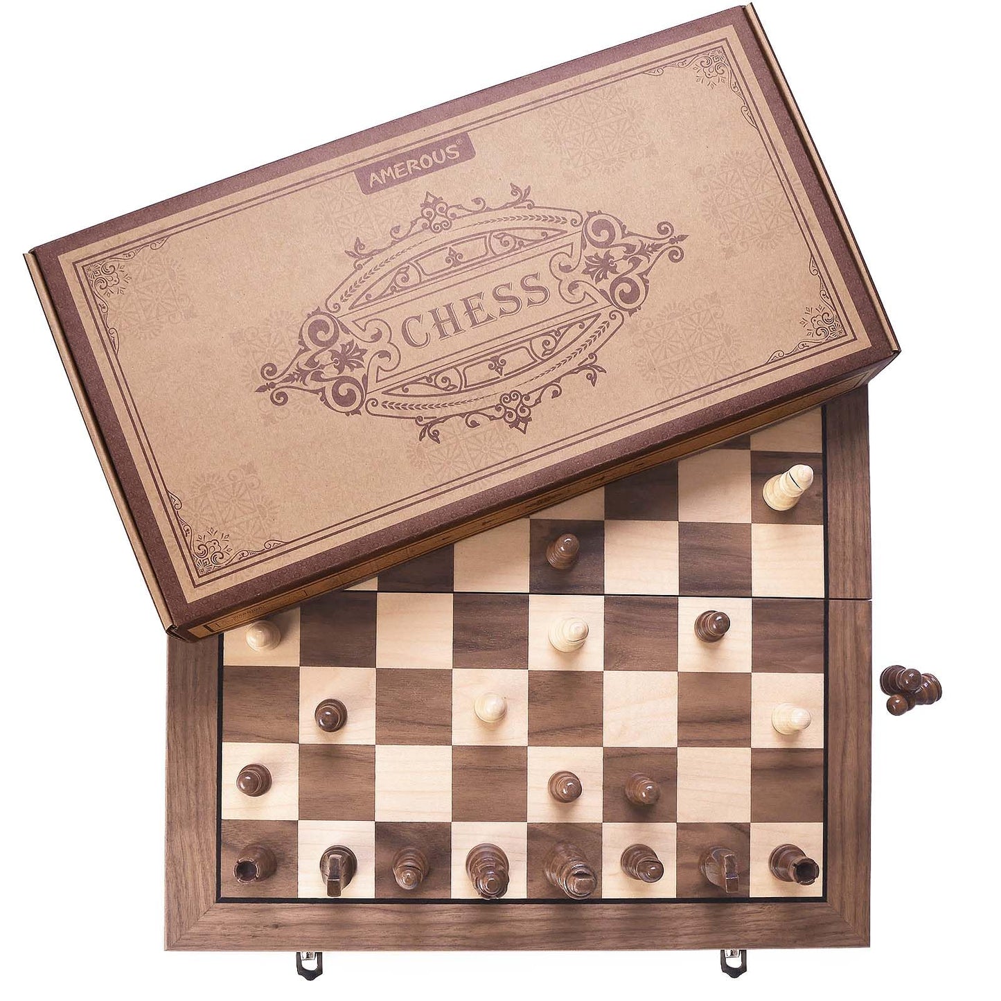 AMEROUS 15-Inch Magnetic Wooden Chess Set with 2 Extra Queens | Portable Folding Board