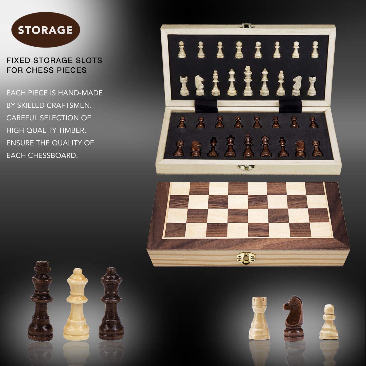 AMEROUS 12x12 Magnetic Wooden Chess Set — Folding Travel Board with Storage & 2 Bonus Queens