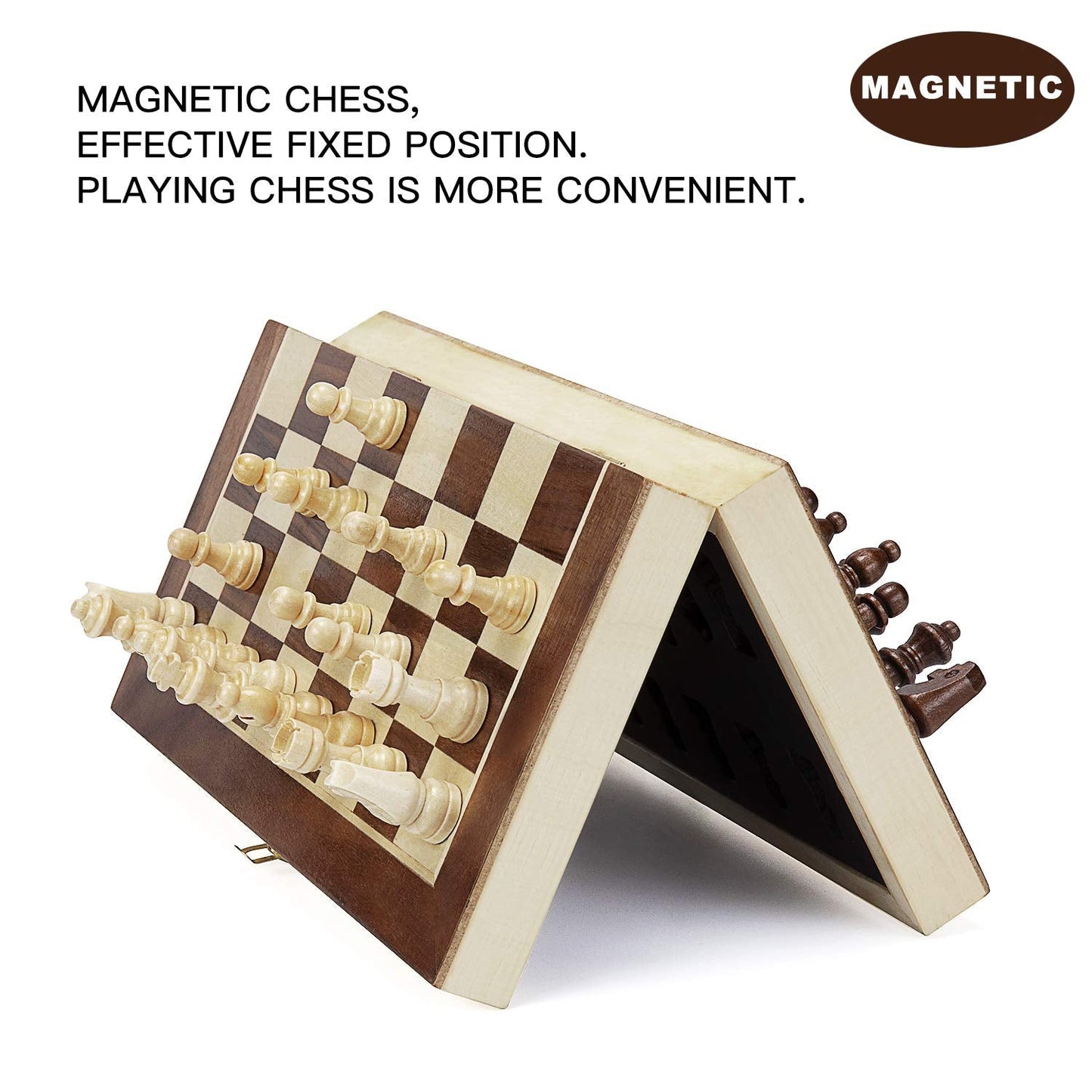 AMEROUS 12x12 Magnetic Wooden Chess Set — Folding Travel Board with Storage & 2 Bonus Queens