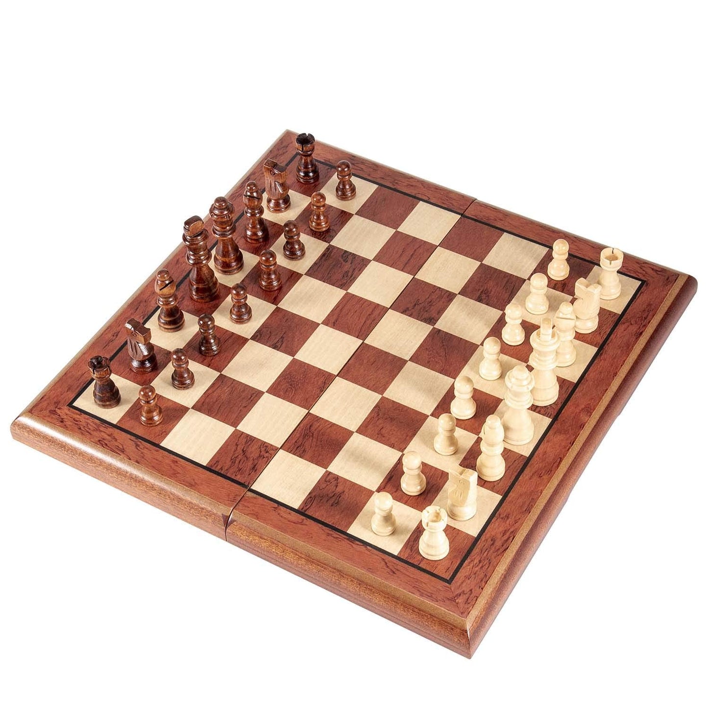 AMEROUS 15-inch Magnetic Wooden Chess Set - Folding Board, 2 Extra Queens, Travel Gift Box