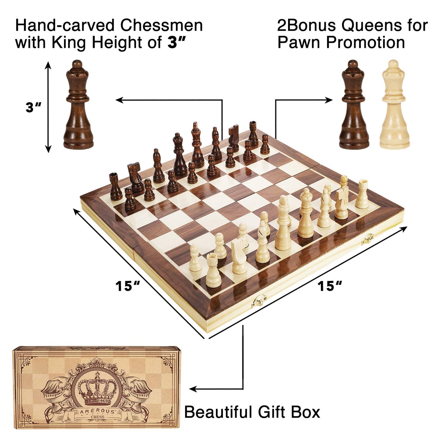 AMEROUS 15-Inch Magnetic Wooden Chess Set – Folding Travel Chess with 2 Extra Queens
