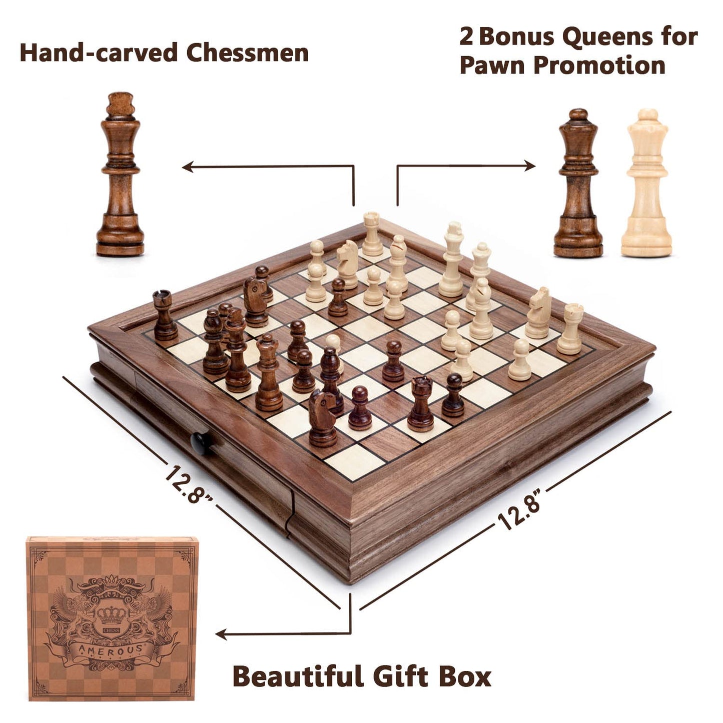 AMEROUS Magnetic Wooden Chess Set – 12.8-Inch Walnut Board, 2 Drawers, Bonus Queens, Gift Packaging