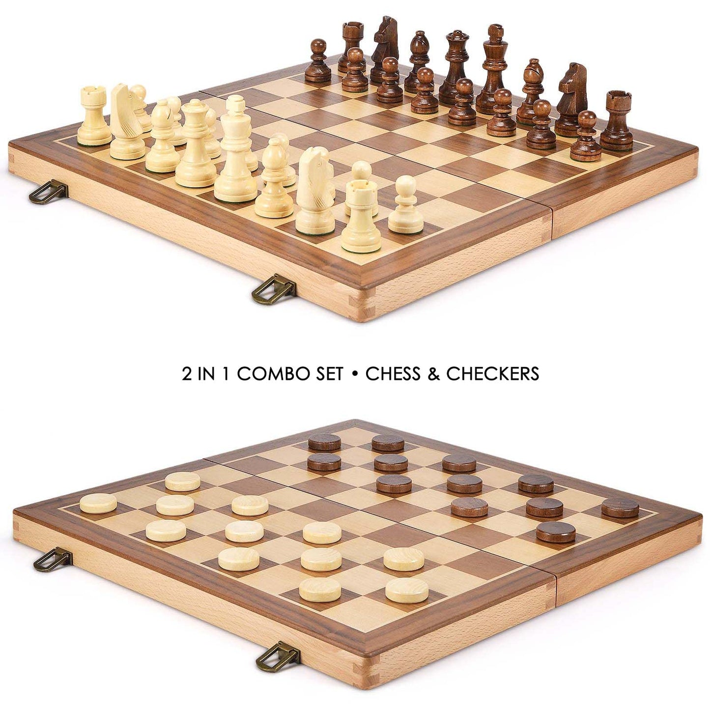 AMEROUS 15-Inch Wooden Chess & Checkers Set | 2-in-1 with Weighted Pieces & Extra Queens