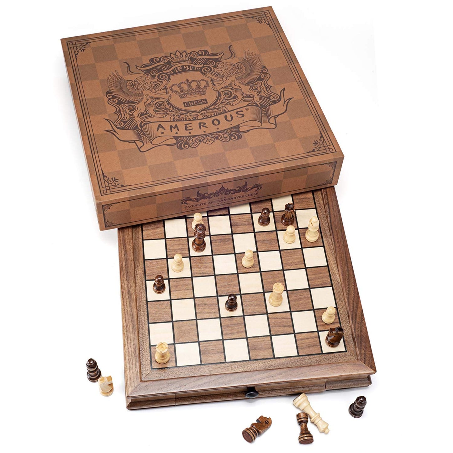AMEROUS Magnetic Wooden Chess Set – 12.8-Inch Walnut Board, 2 Drawers, Bonus Queens, Gift Packaging