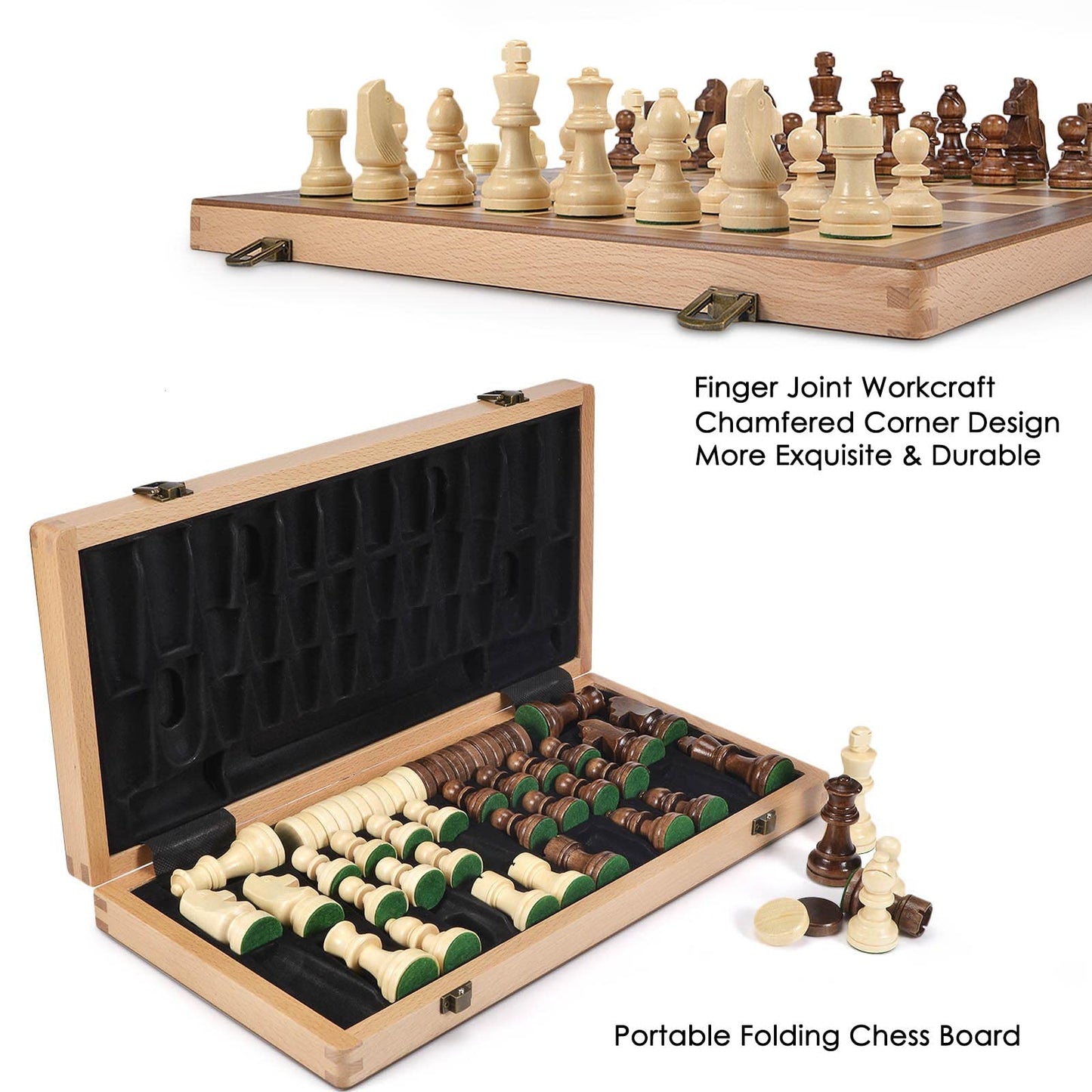 AMEROUS 15-Inch Wooden Chess & Checkers Set | 2-in-1 with Weighted Pieces & Extra Queens