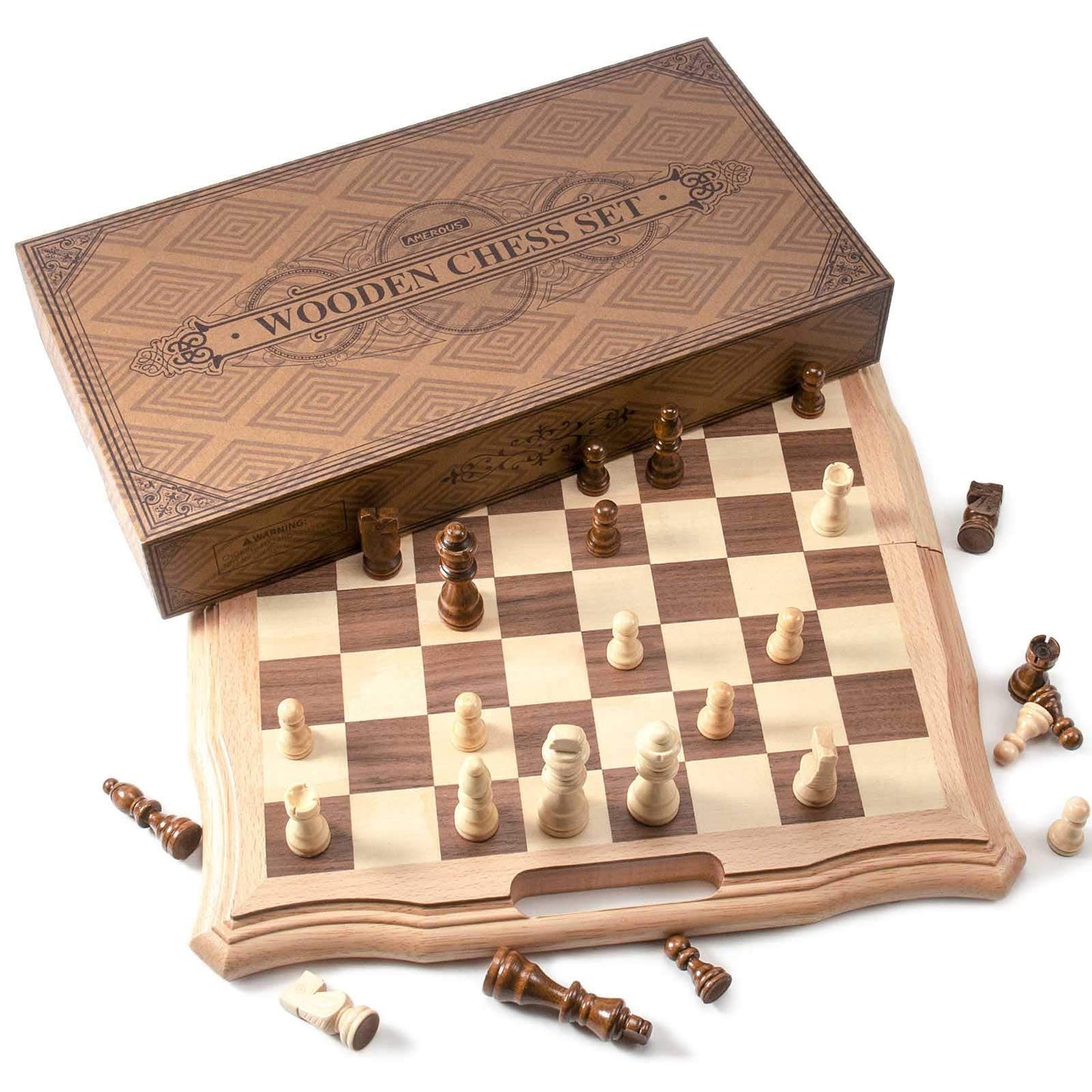 AMEROUS 15.6'' Magnetic Wooden Chess Set – Folding Board, 2 Extra Queens, Gift Package