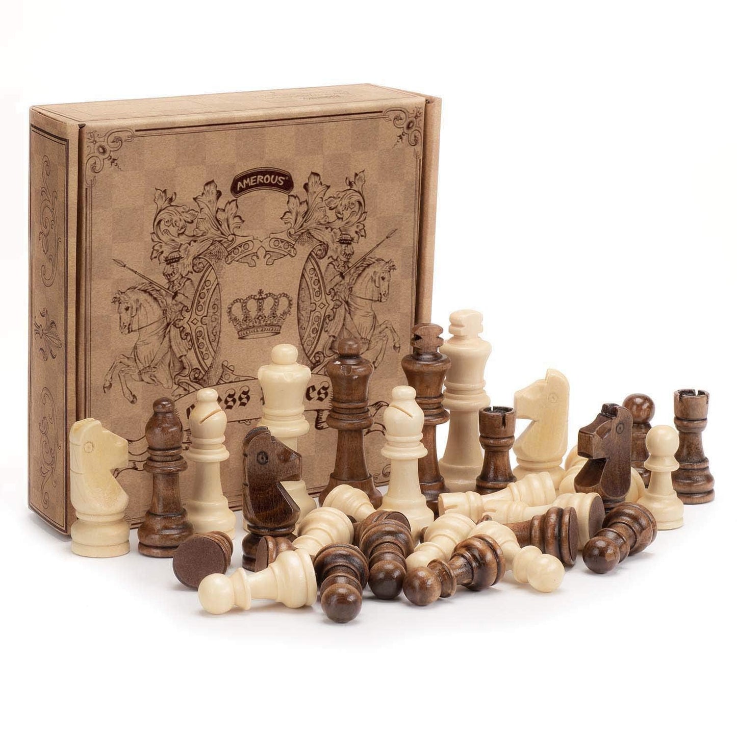 AMEROUS Staunton Wooden Chess Pieces Set – 3.15-Inch King, Storage Bag, Gift Box