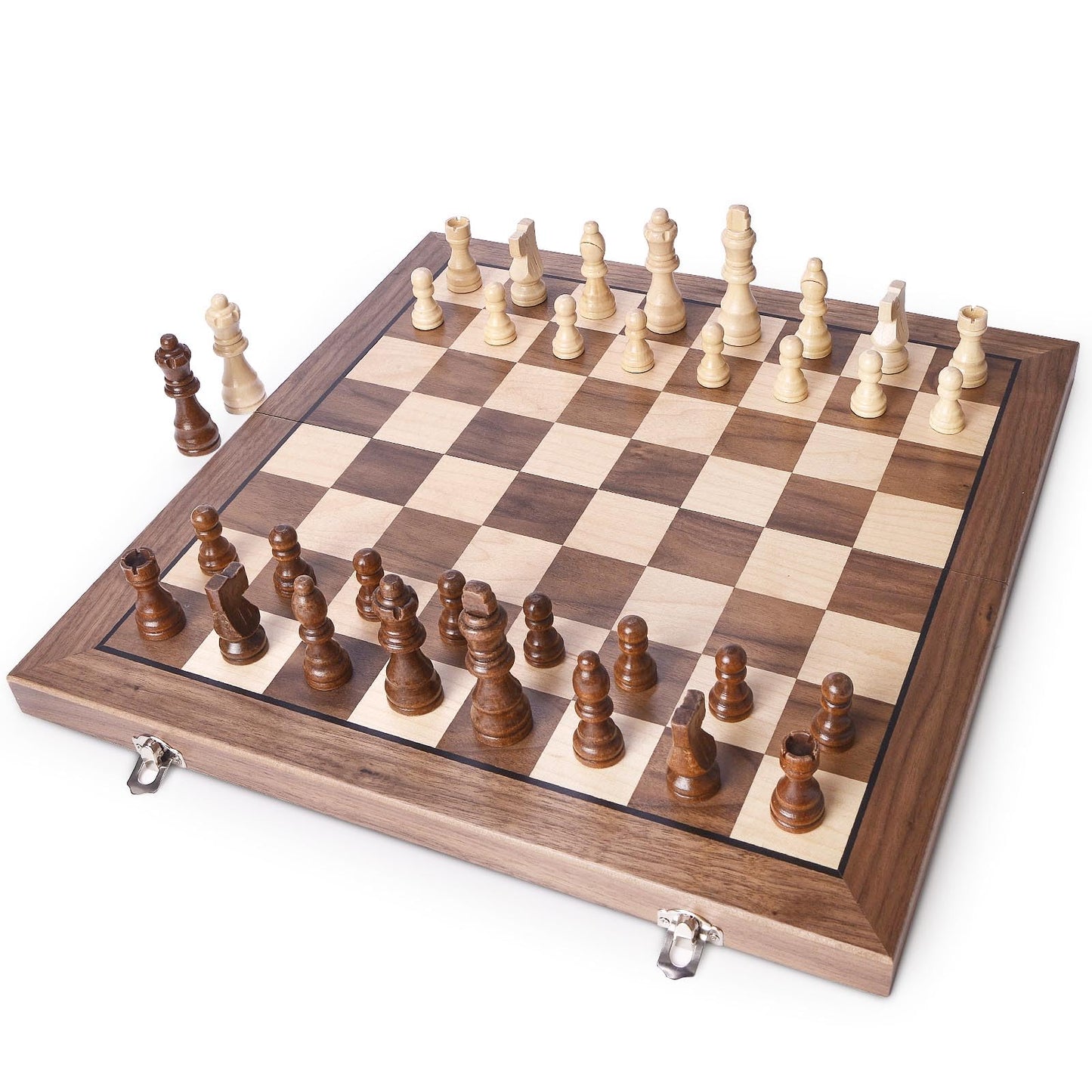 AMEROUS 15-Inch Magnetic Wooden Chess Set with 2 Extra Queens | Portable Folding Board