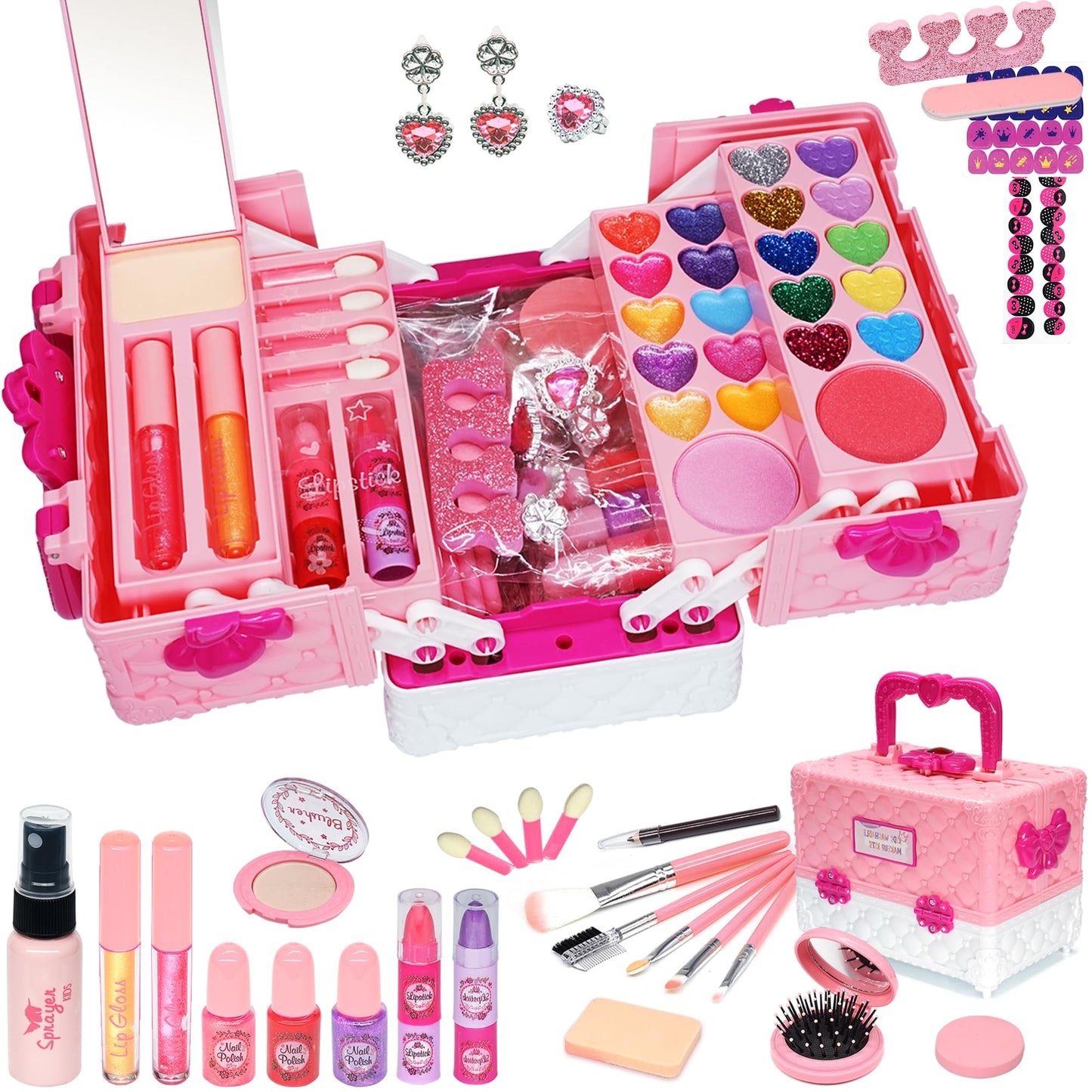 Amerrly Kids Makeup Sets - 54 PCS Washable, Non-Toxic Pink Gift for Girls