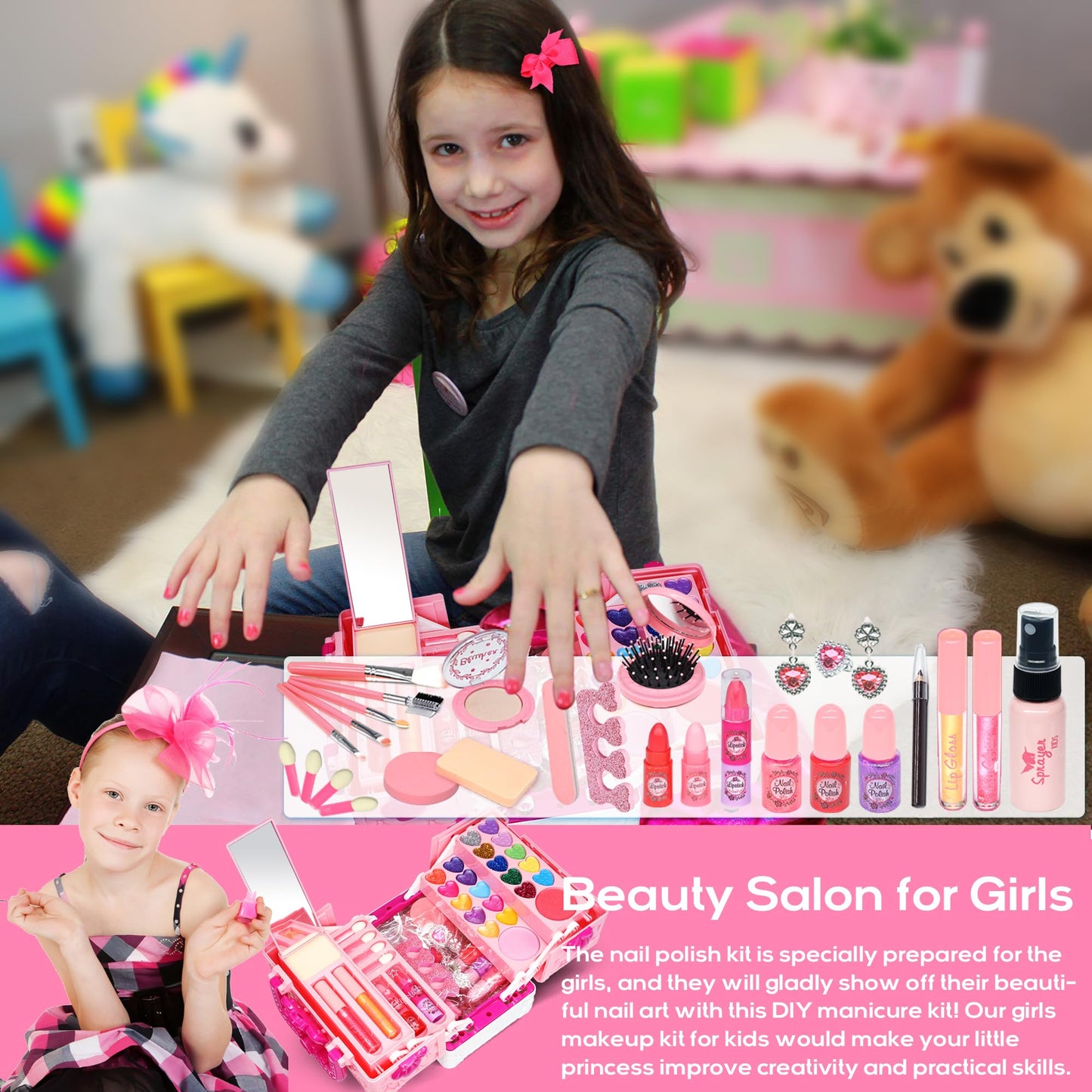 Amerrly Kids Makeup Sets - 54 PCS Washable, Non-Toxic Pink Gift for Girls