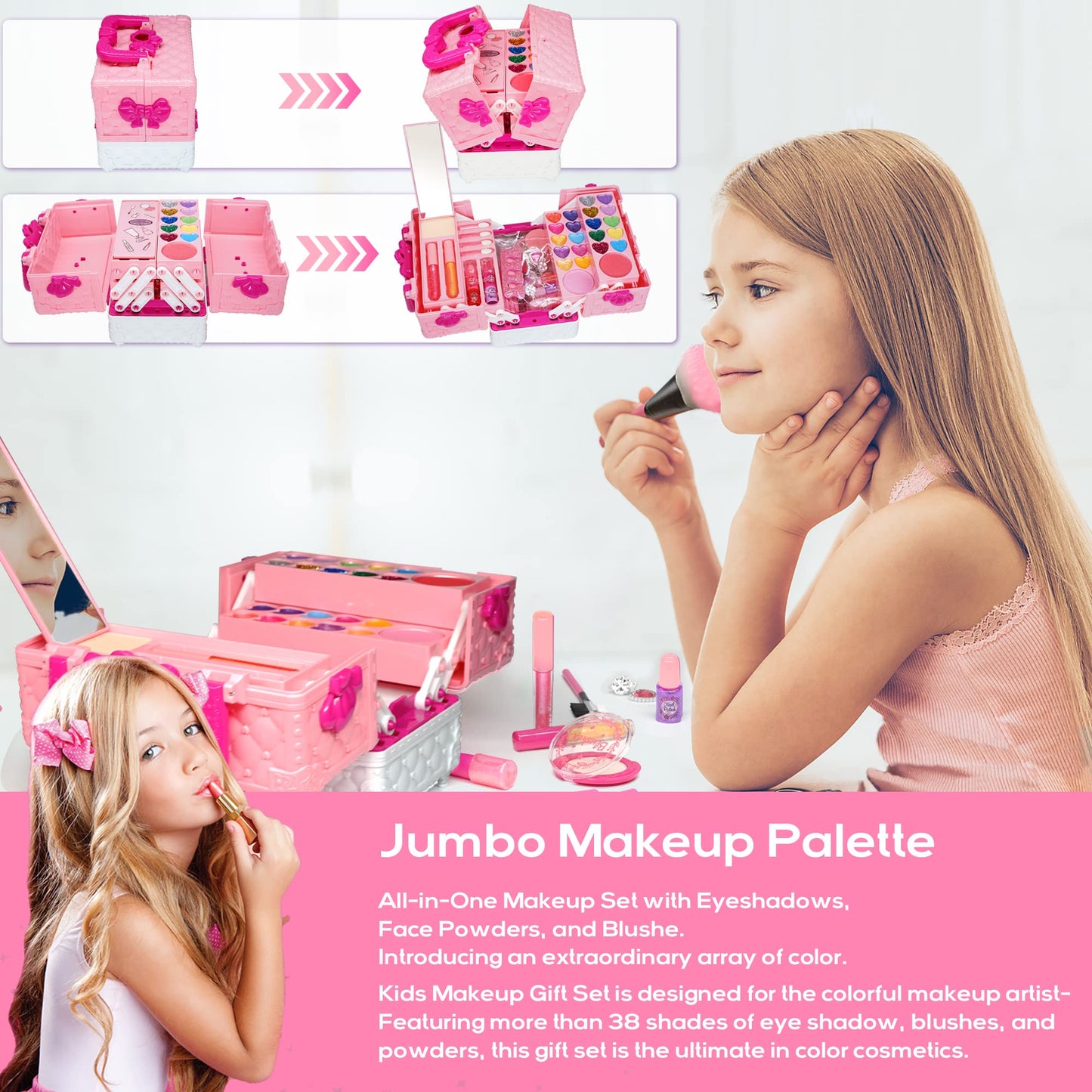 Amerrly Kids Makeup Sets - 54 PCS Washable, Non-Toxic Pink Gift for Girls