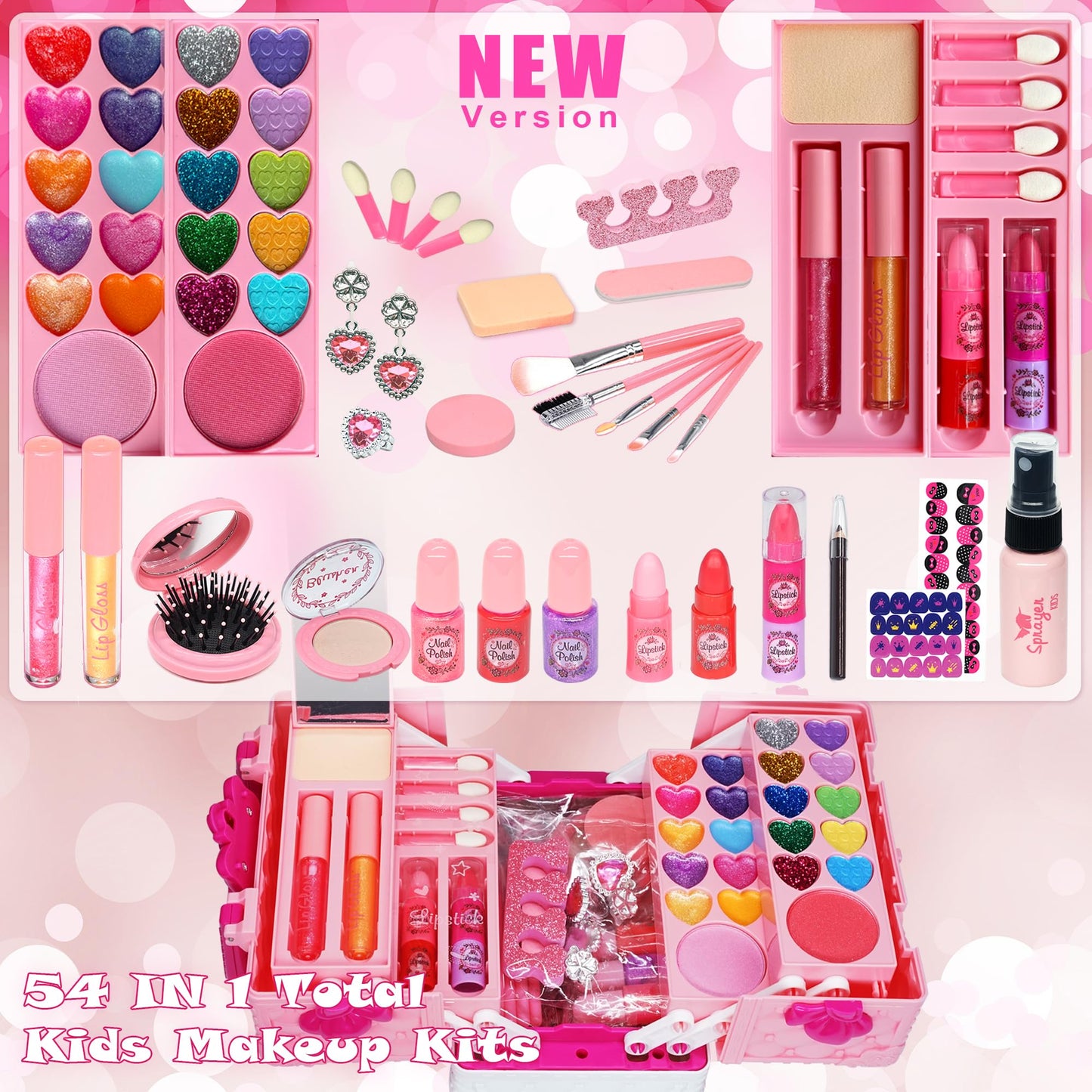 Amerrly Kids Makeup Sets - 54 PCS Washable, Non-Toxic Pink Gift for Girls