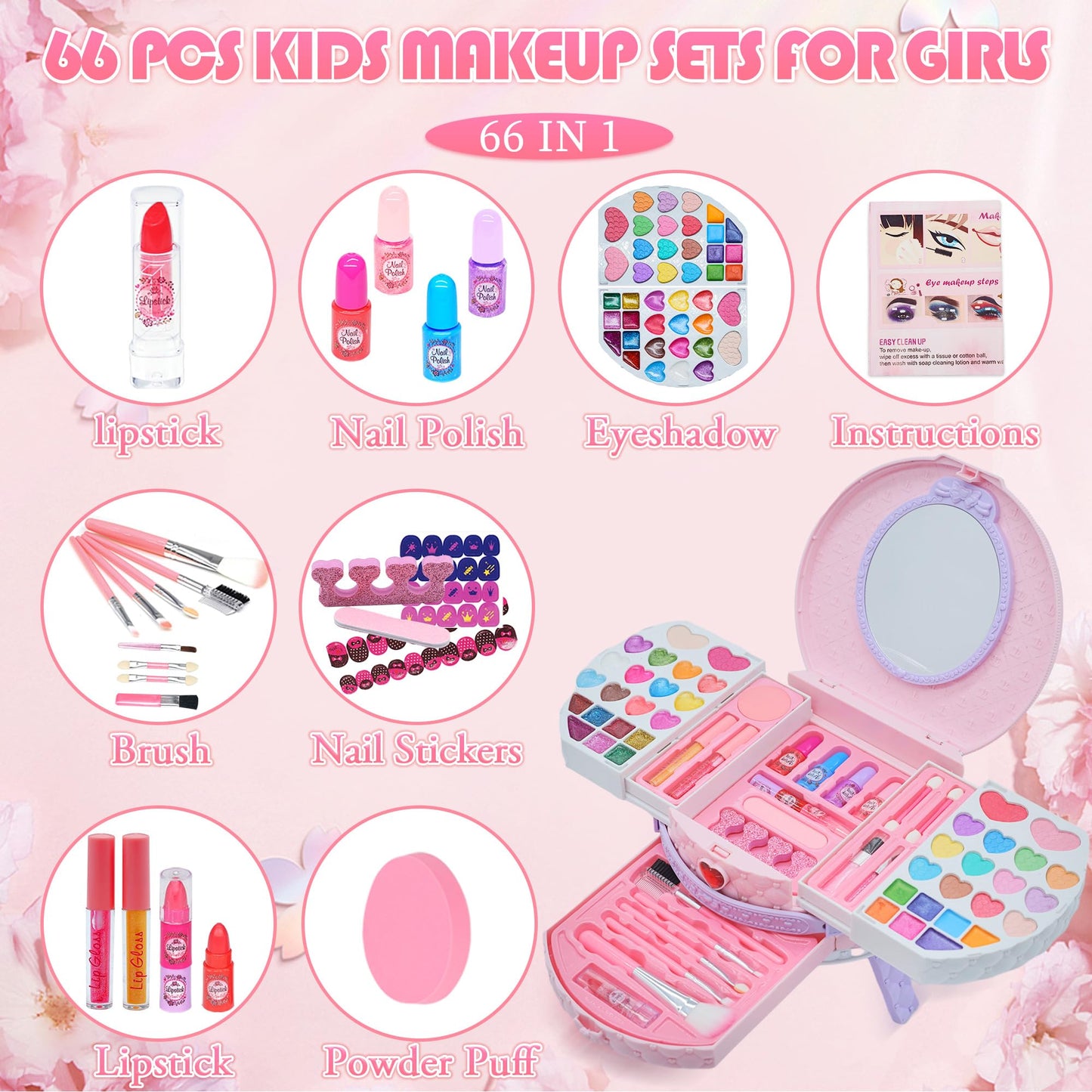 Amerrly Kids Makeup Sets – Safe, Washable 66-Piece Vanity Kit for Girls (Ages 3–12) Pink Purple