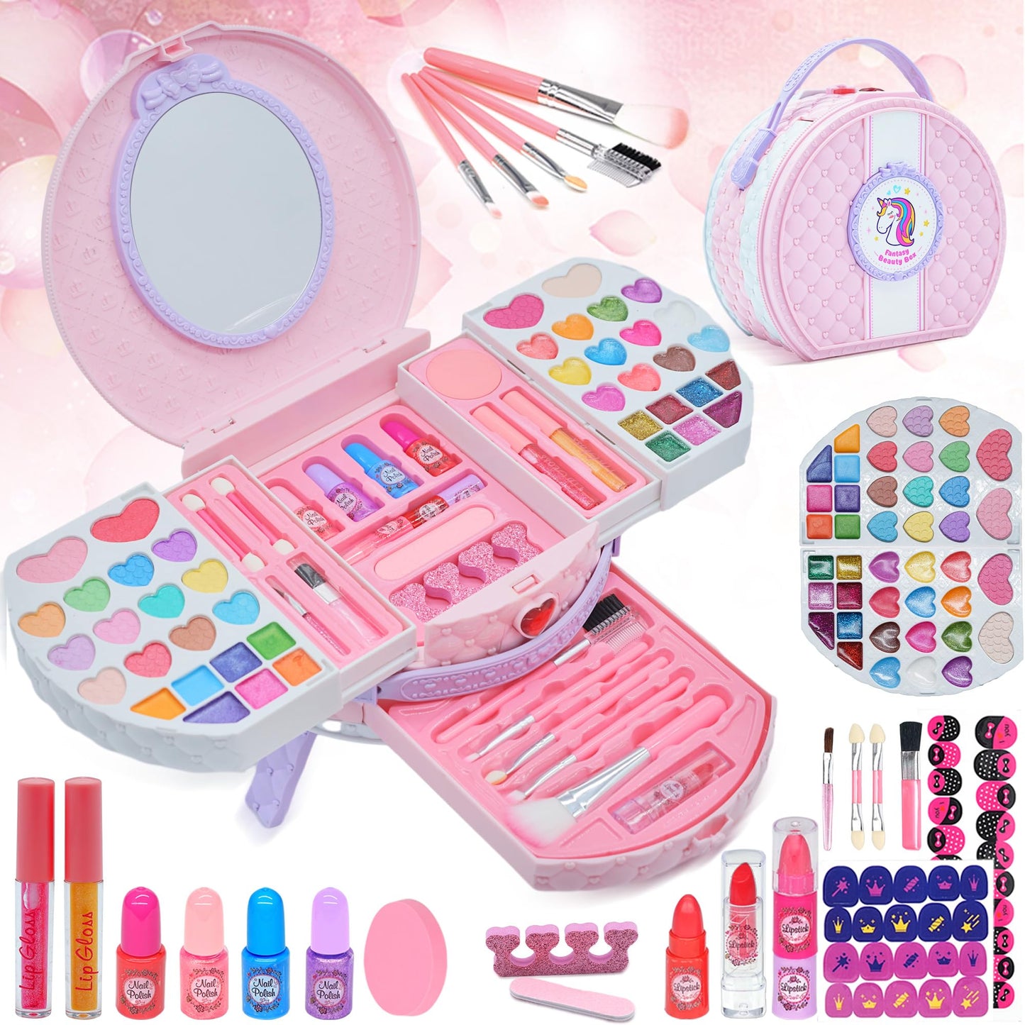 Amerrly Kids Makeup Sets – Safe, Washable 66-Piece Vanity Kit for Girls (Ages 3–12) Pink Purple