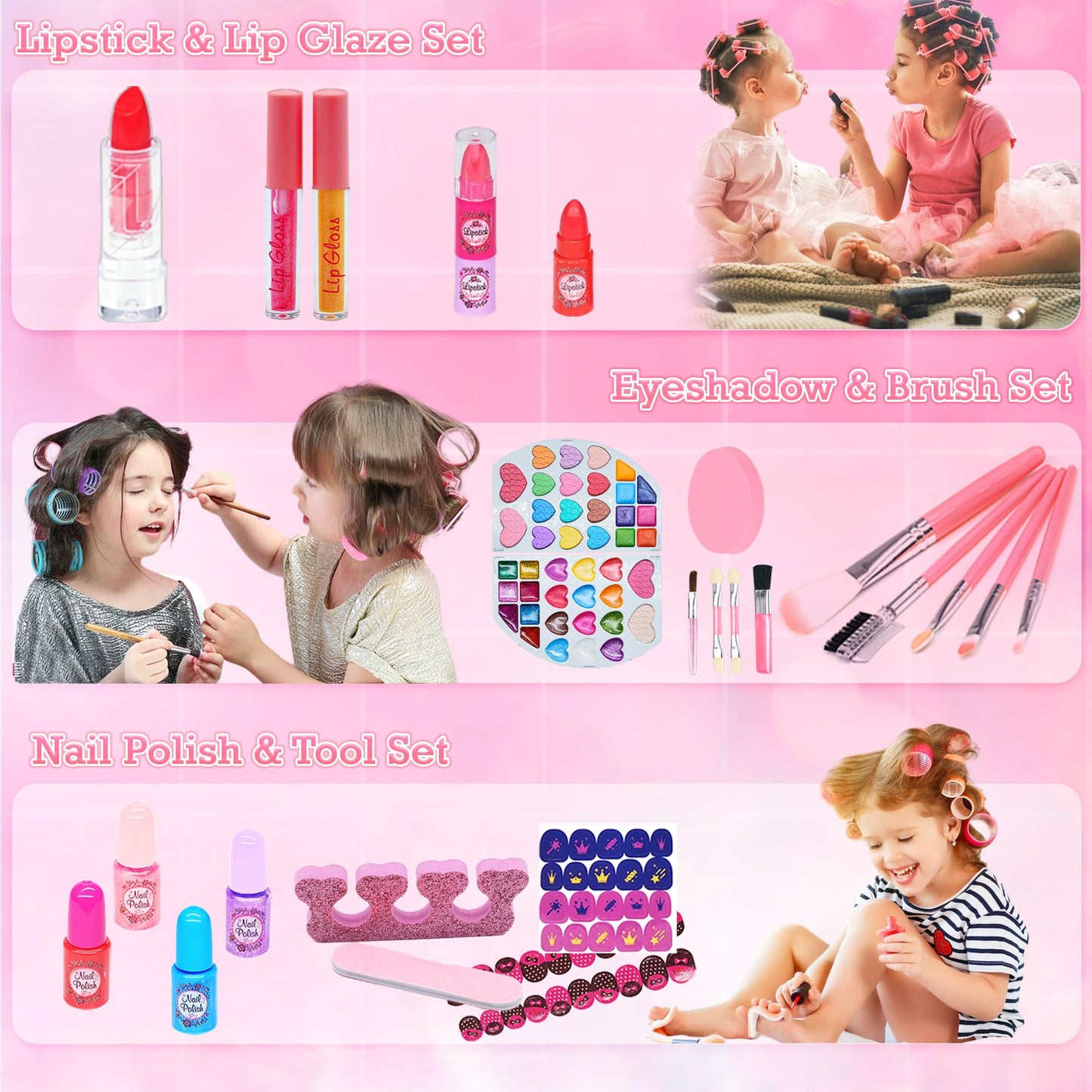 Amerrly Kids Makeup Sets – Safe, Washable 66-Piece Vanity Kit for Girls (Ages 3–12) Pink Purple