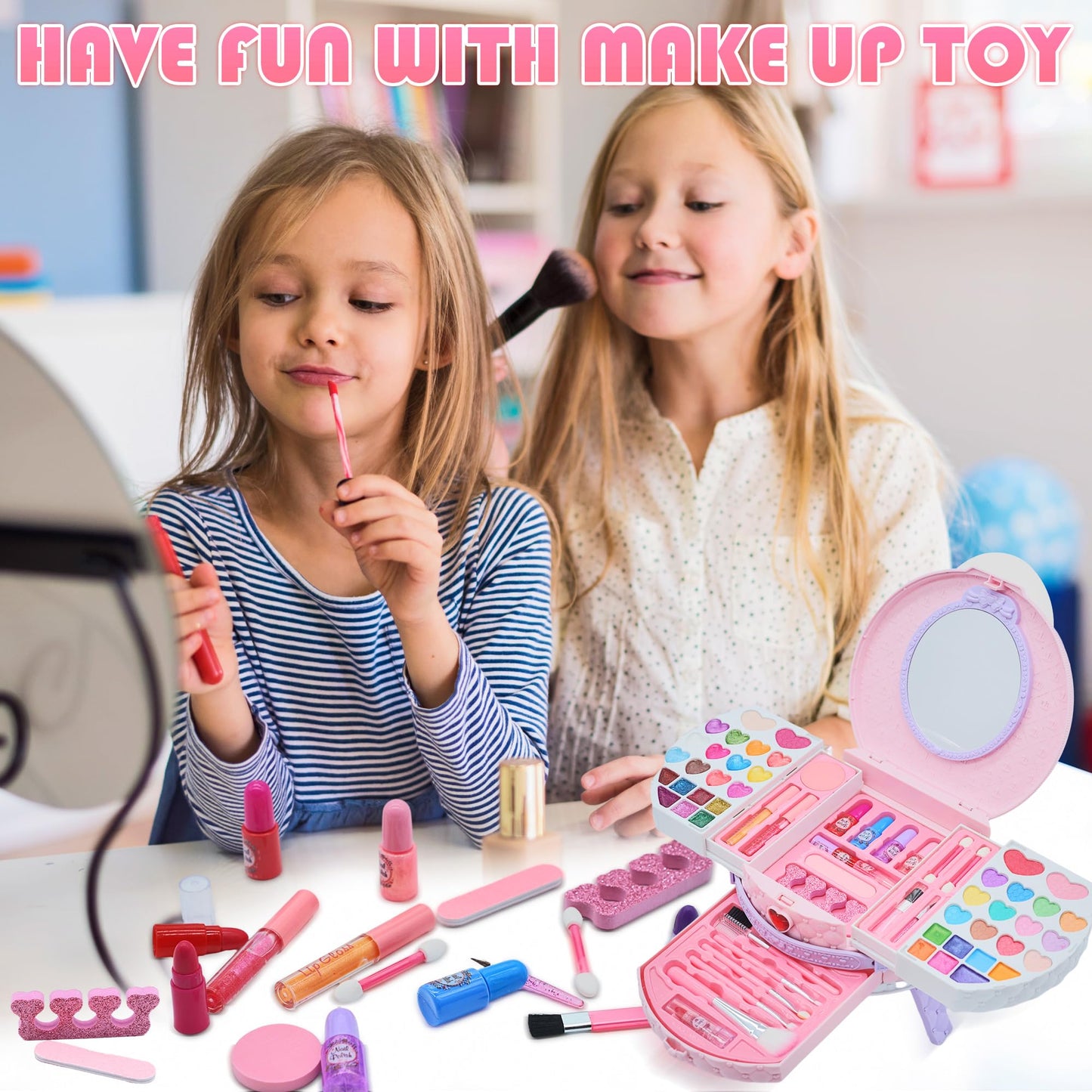Amerrly Kids Makeup Sets – Safe, Washable 66-Piece Vanity Kit for Girls (Ages 3–12) Pink Purple