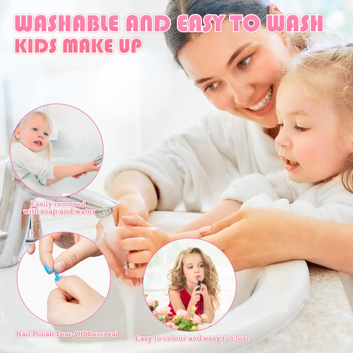Amerrly Kids Makeup Sets – Safe, Washable 66-Piece Vanity Kit for Girls (Ages 3–12) Pink Purple