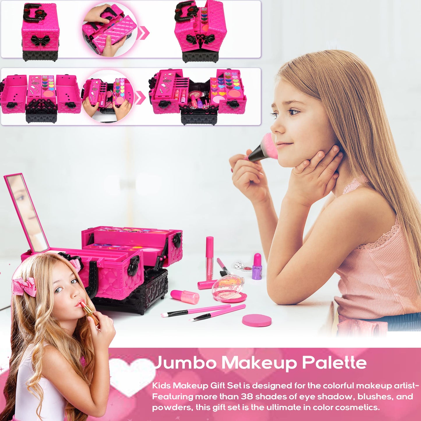 Amerrly Kids Makeup Kit for Girls – 52 Safe, Washable Pieces with Cosmetic Case (Ages 4-12)