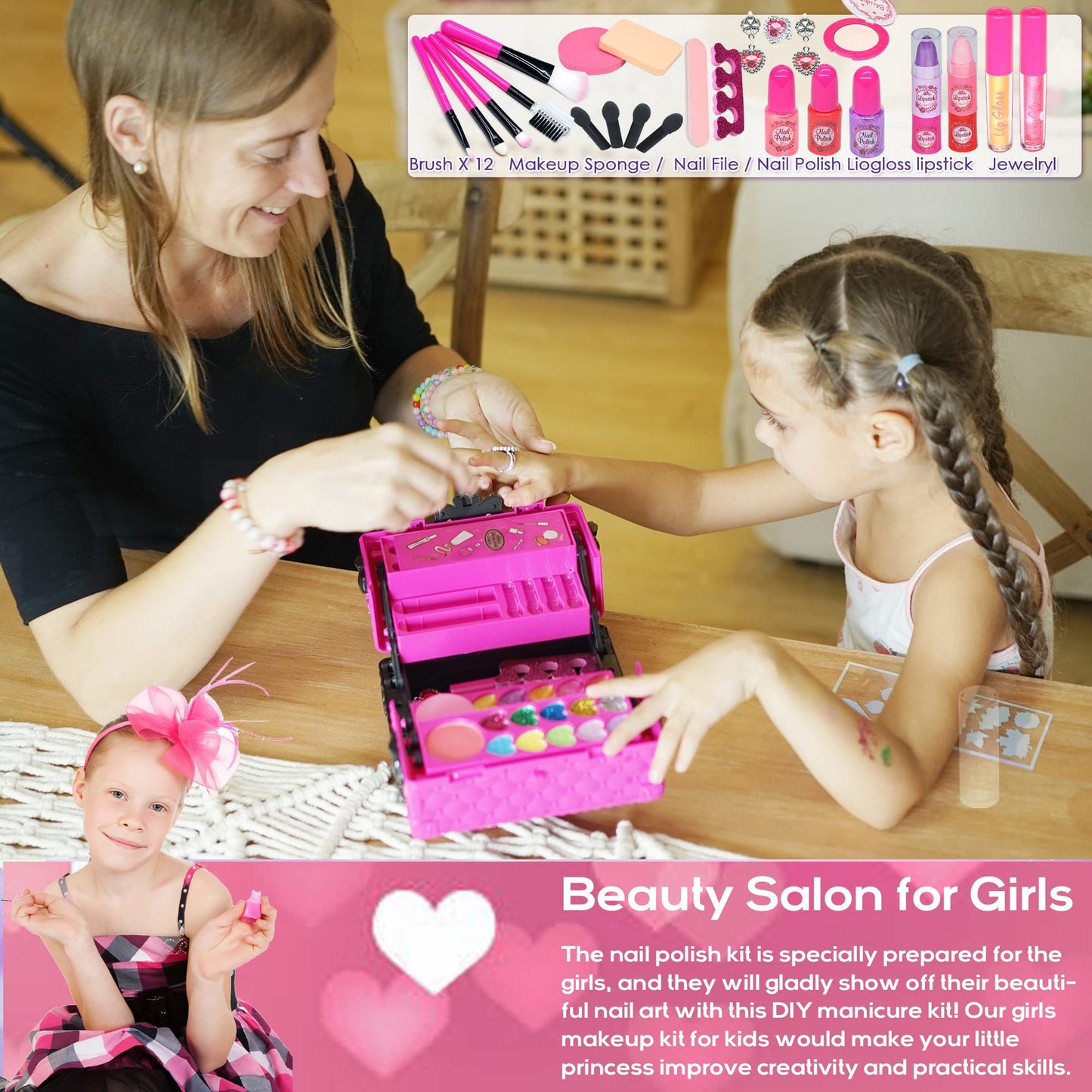 Amerrly Kids Makeup Kit for Girls – 52 Safe, Washable Pieces with Cosmetic Case (Ages 4-12)