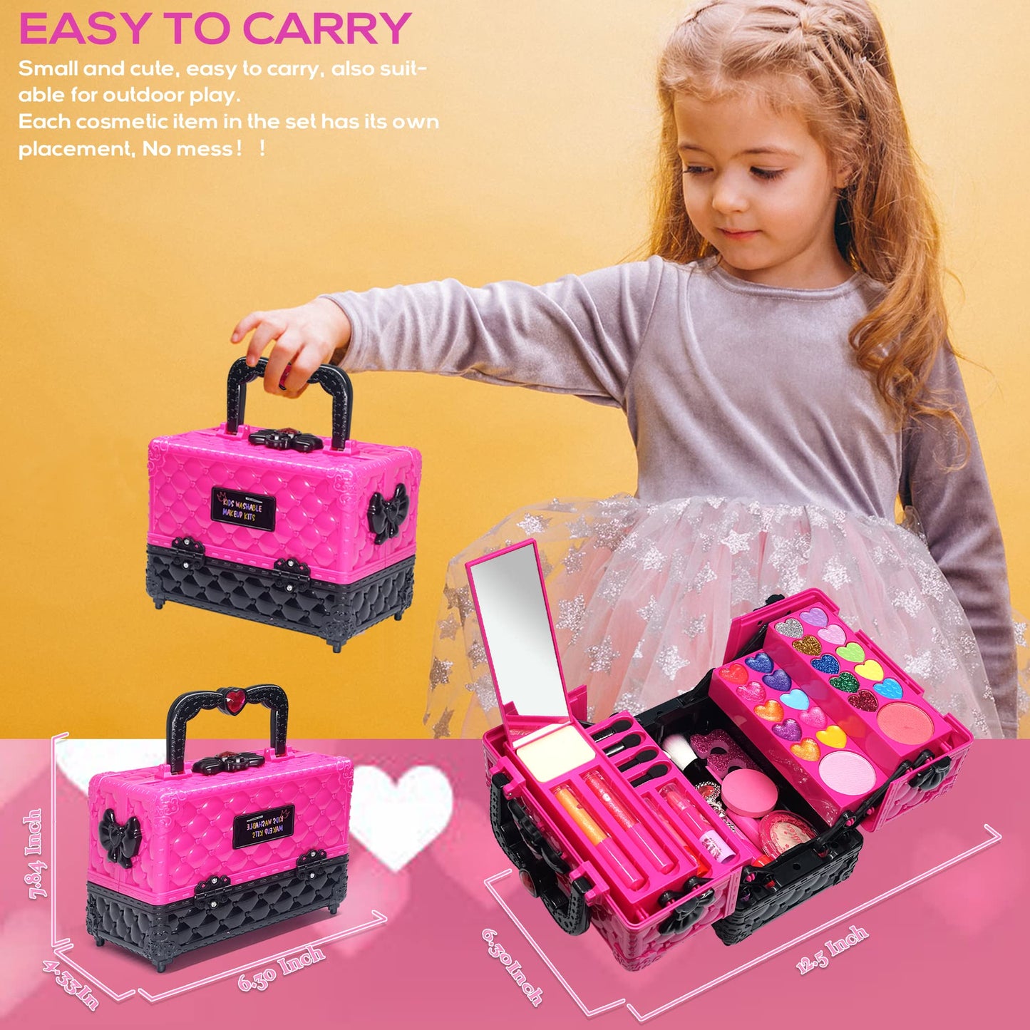 Amerrly Kids Makeup Kit for Girls – 52 Safe, Washable Pieces with Cosmetic Case (Ages 4-12)
