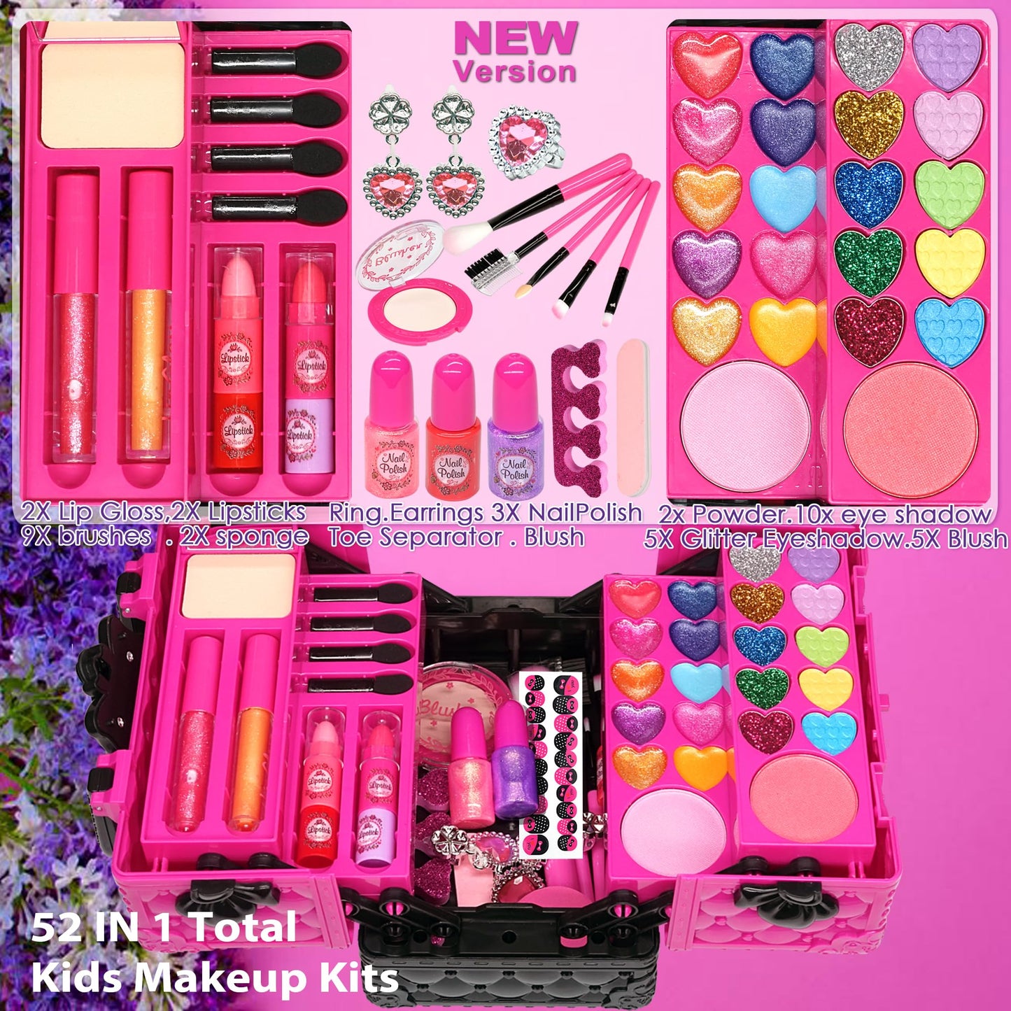 Amerrly Kids Makeup Kit for Girls – 52 Safe, Washable Pieces with Cosmetic Case (Ages 4-12)