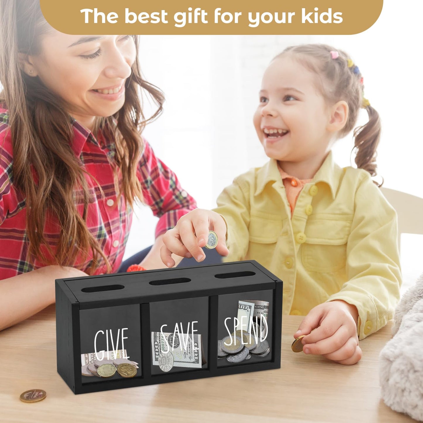 Ameuphercy Wooden Give Save Spend Money Saving Box for Kids – Wall-Mount Piggy Bank for Bills & Coins