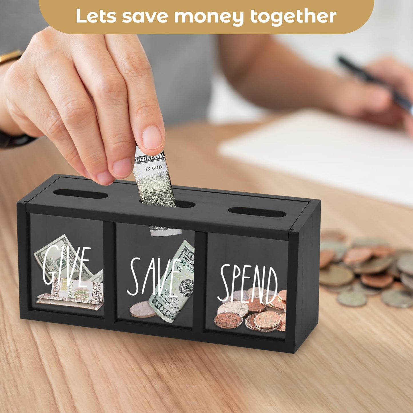 Ameuphercy Wooden Give Save Spend Money Saving Box for Kids – Wall-Mount Piggy Bank for Bills & Coins