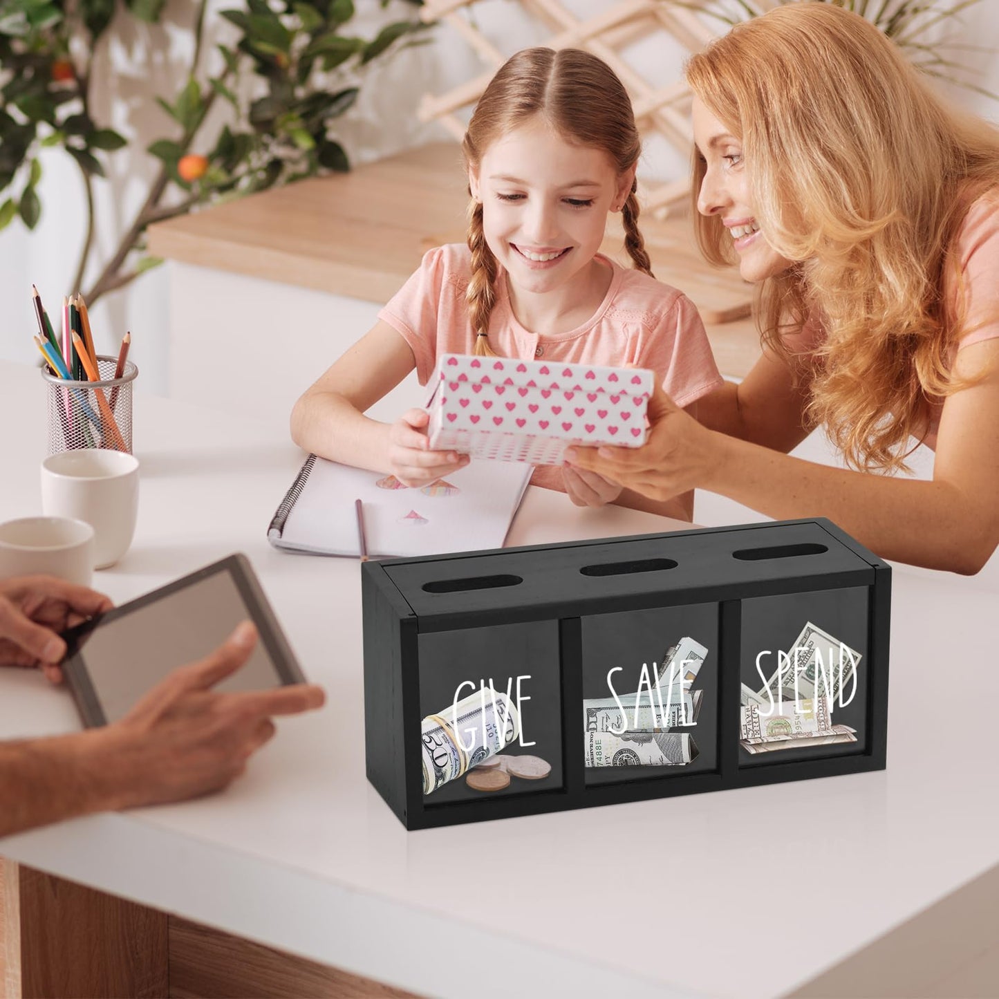 Ameuphercy Wooden Give Save Spend Money Saving Box for Kids – Wall-Mount Piggy Bank for Bills & Coins