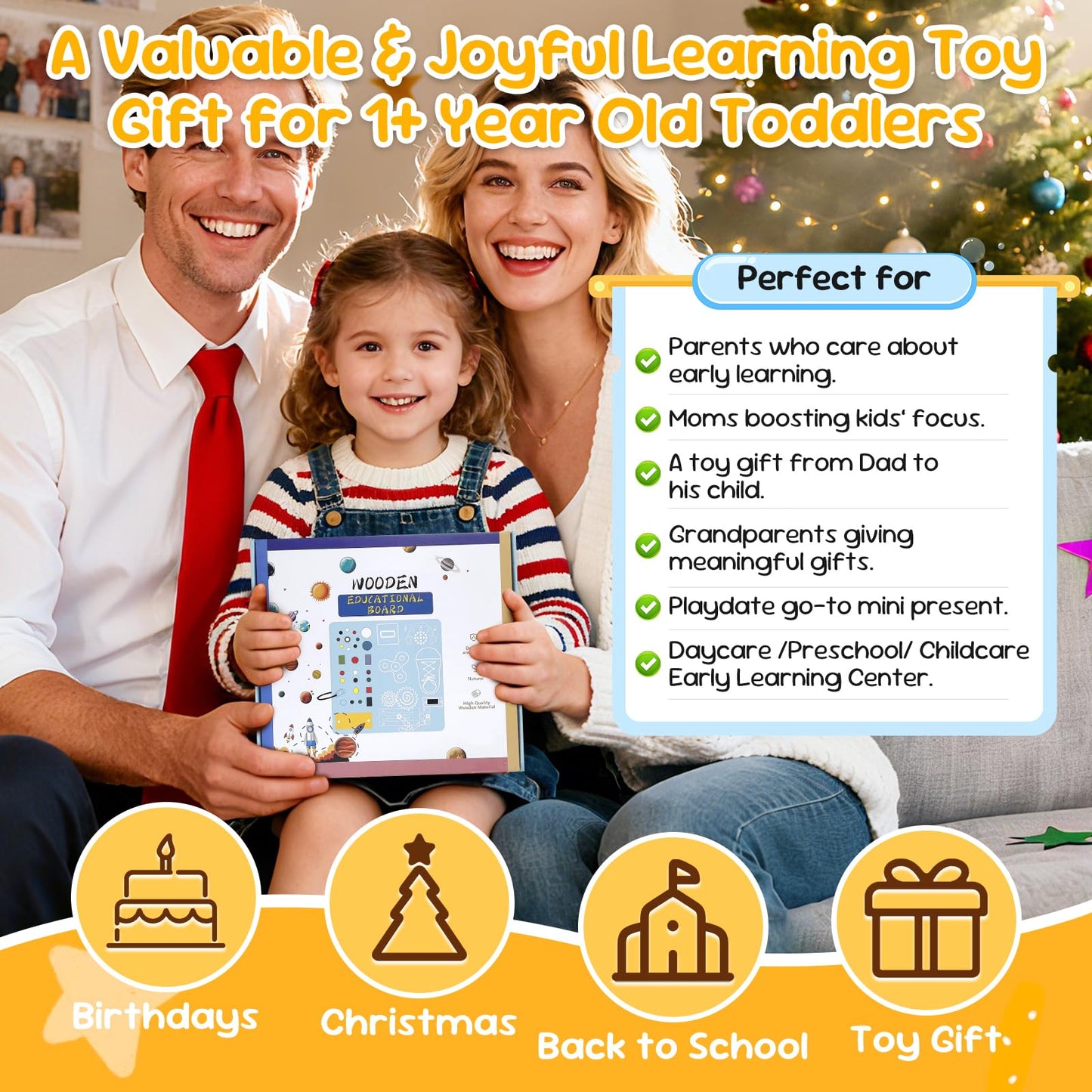 AMGAMGTS Wooden Busy Board with LED Light – Montessori Sensory Toy for Toddlers | Travel Educational Toy (Silver Handle)