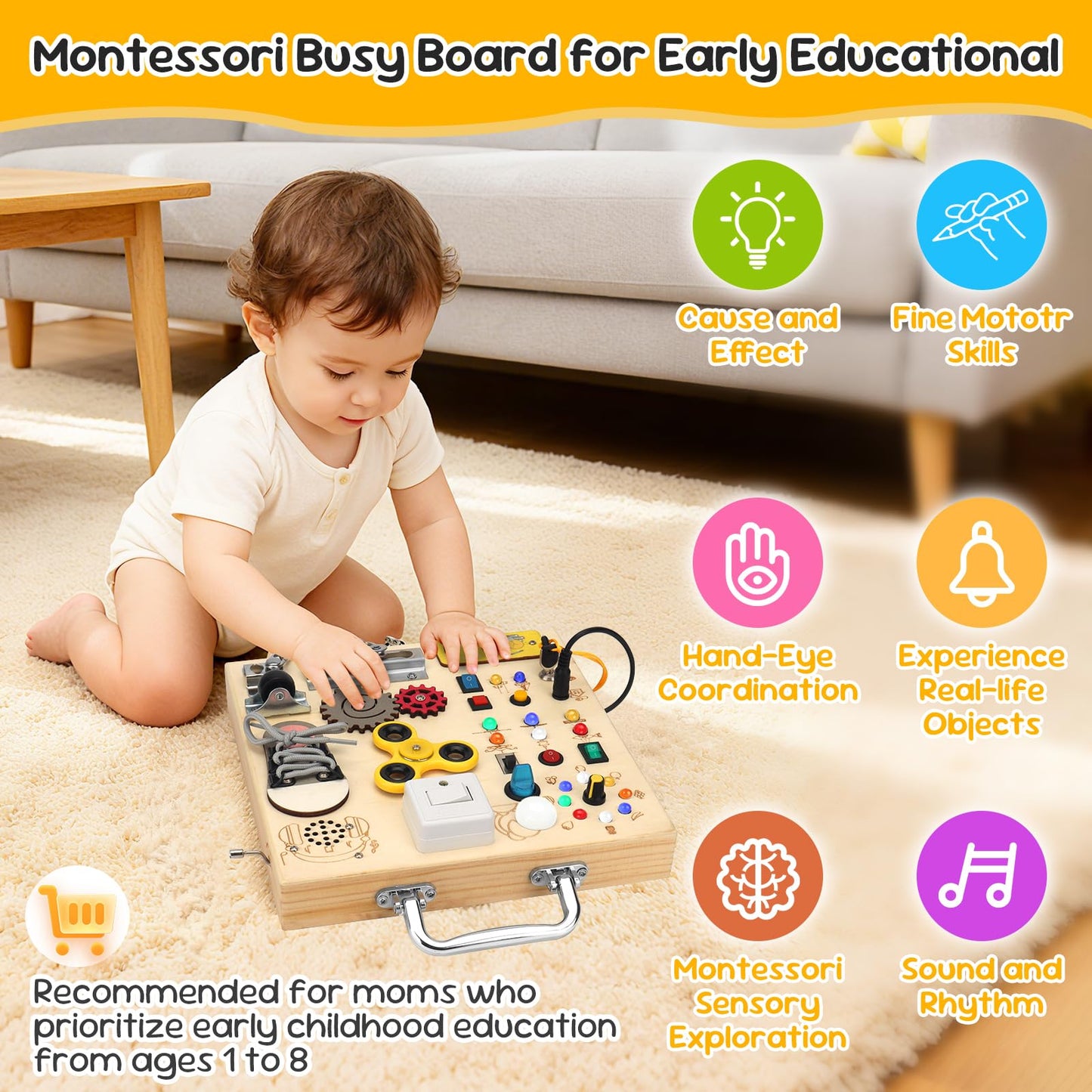 AMGAMGTS Wooden Busy Board with LED Light – Montessori Sensory Toy for Toddlers | Travel Educational Toy (Silver Handle)