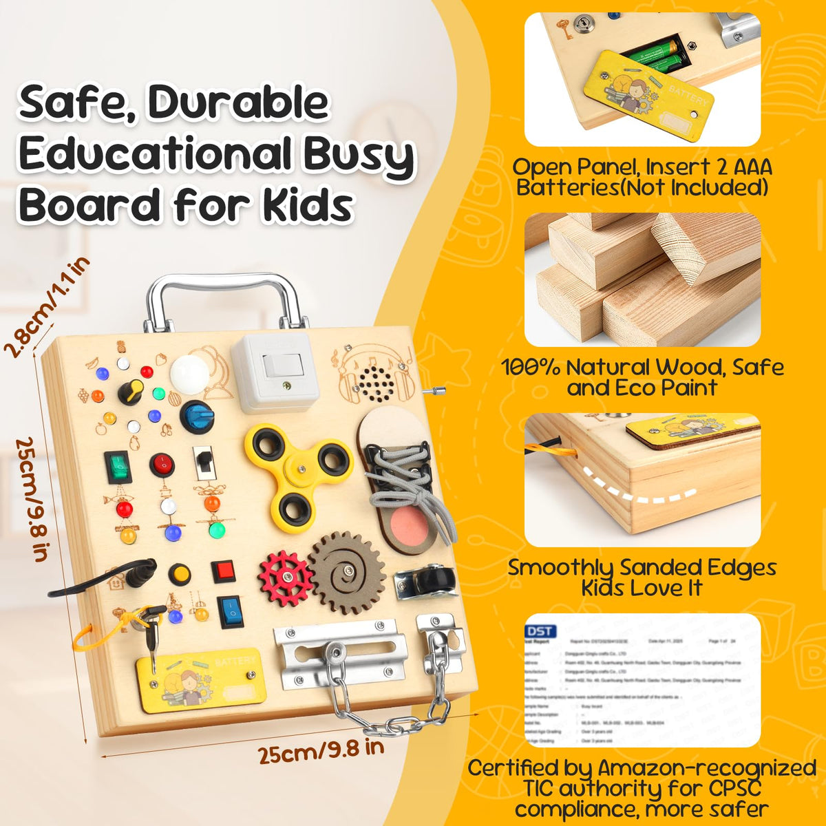 AMGAMGTS Wooden Busy Board with LED Light – Montessori Sensory Toy for Toddlers | Travel Educational Toy (Silver Handle)