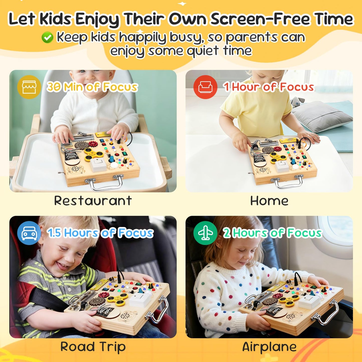 AMGAMGTS Wooden Busy Board with LED Light – Montessori Sensory Toy for Toddlers | Travel Educational Toy (Silver Handle)