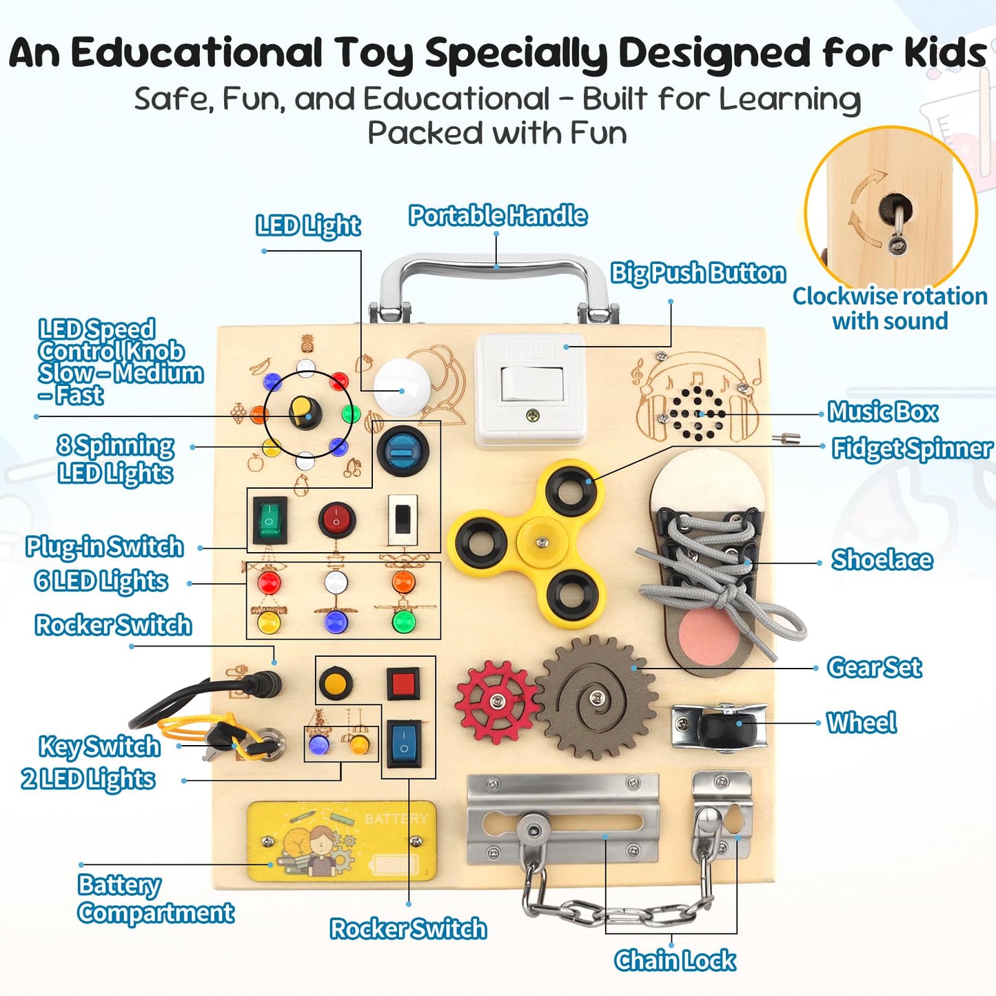 AMGAMGTS Wooden Busy Board with LED Light – Montessori Sensory Toy for Toddlers | Travel Educational Toy (Silver Handle)