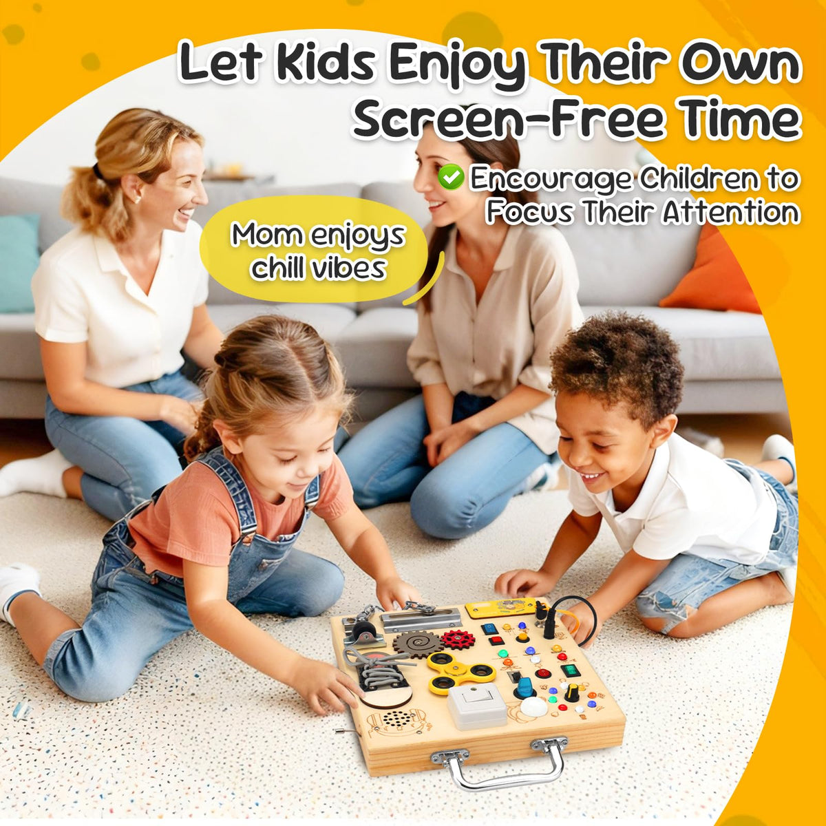 AMGAMGTS Wooden Busy Board with LED Light – Montessori Sensory Toy for Toddlers | Travel Educational Toy (Silver Handle)