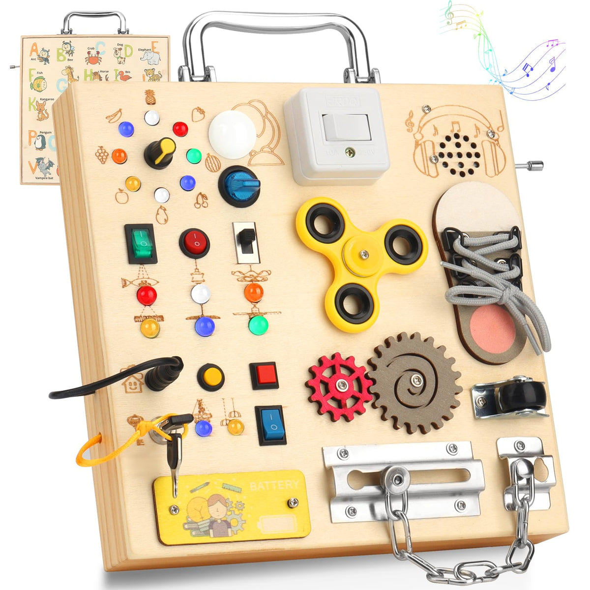 AMGAMGTS Wooden Busy Board with LED Light – Montessori Sensory Toy for Toddlers | Travel Educational Toy (Silver Handle)