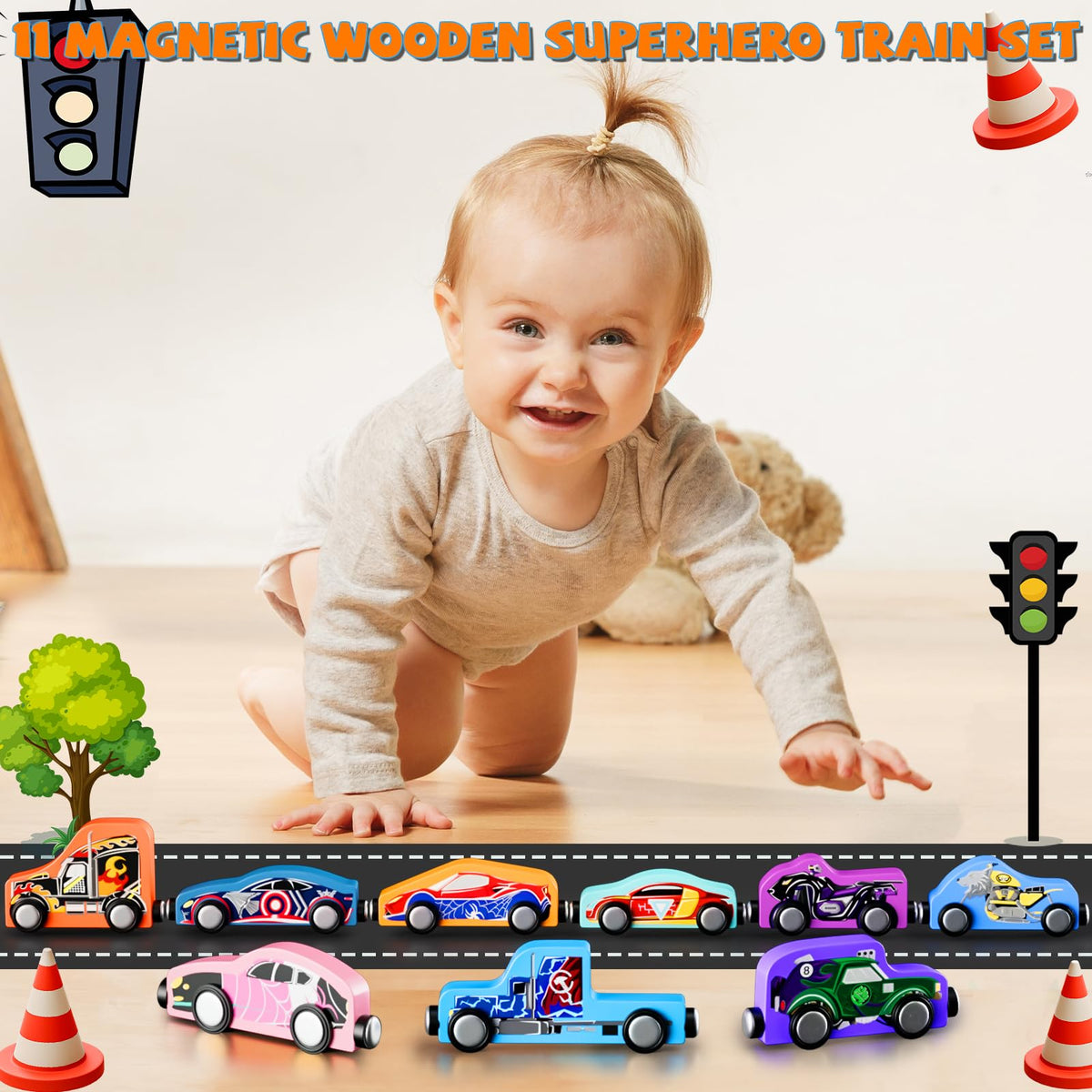 Amiabling 11-Piece Magnetic Train Set for Boys — Travel Montessori Wooden Toy