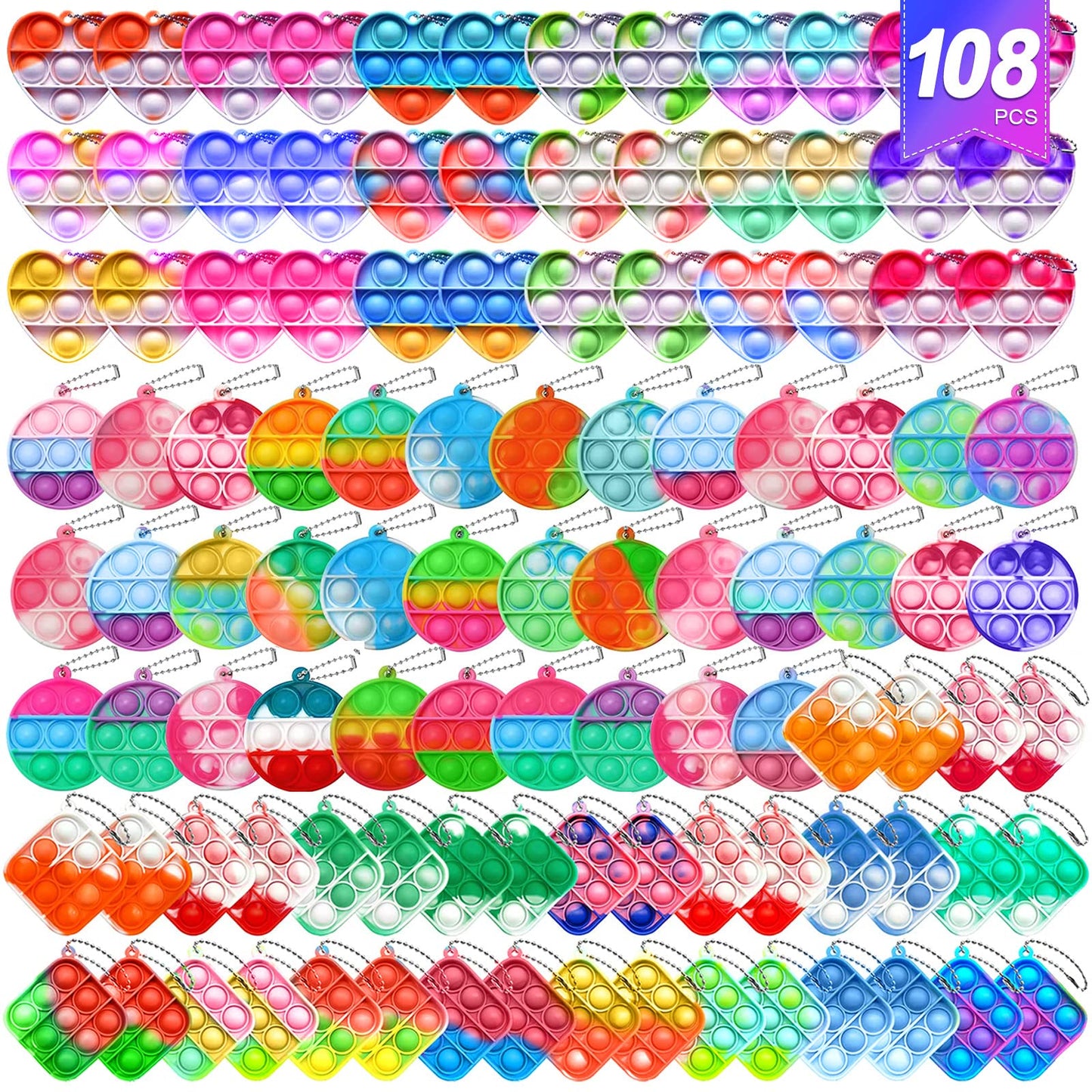 Amicbng 108 PCS Mini Pop Keychain Fidget Toys – 3 Shapes, Party Favors & Sensory Toys