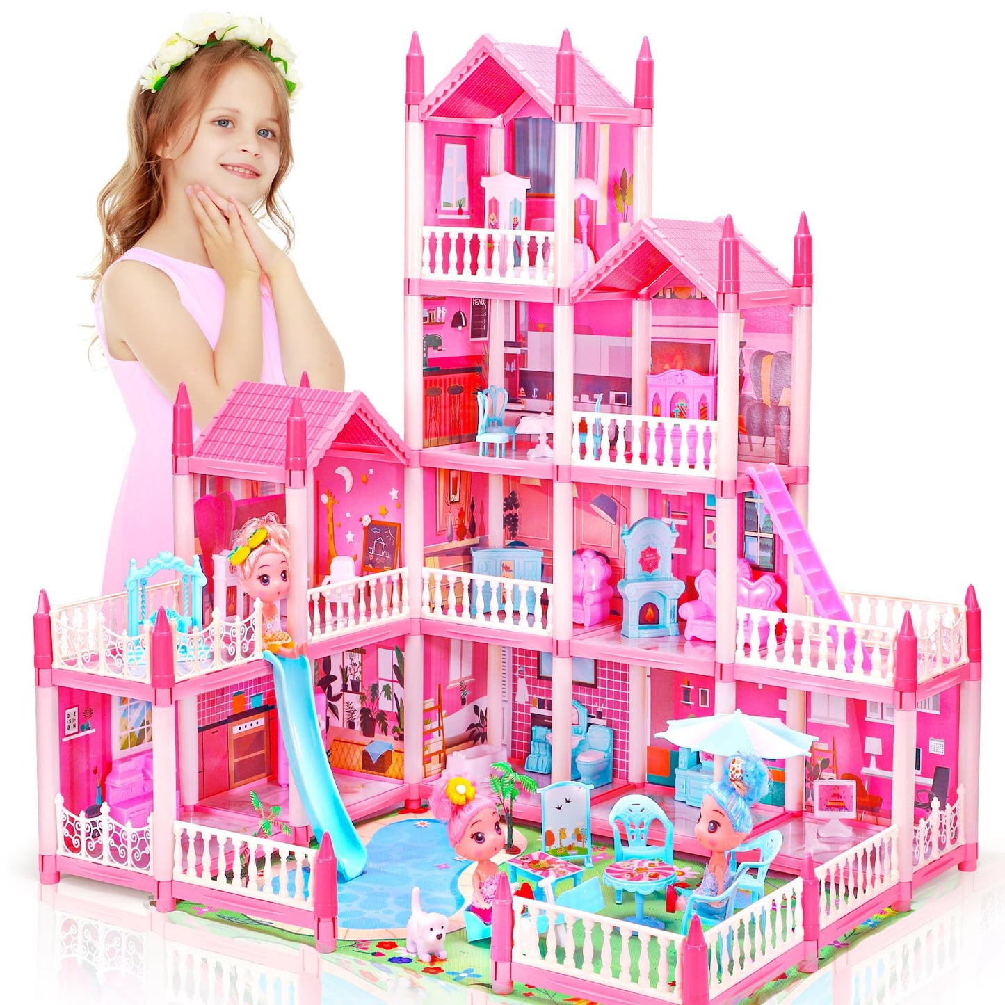 AmiDear 4-Story Dollhouse | 11 Rooms, Pool & Slide | Pink Princess Playset