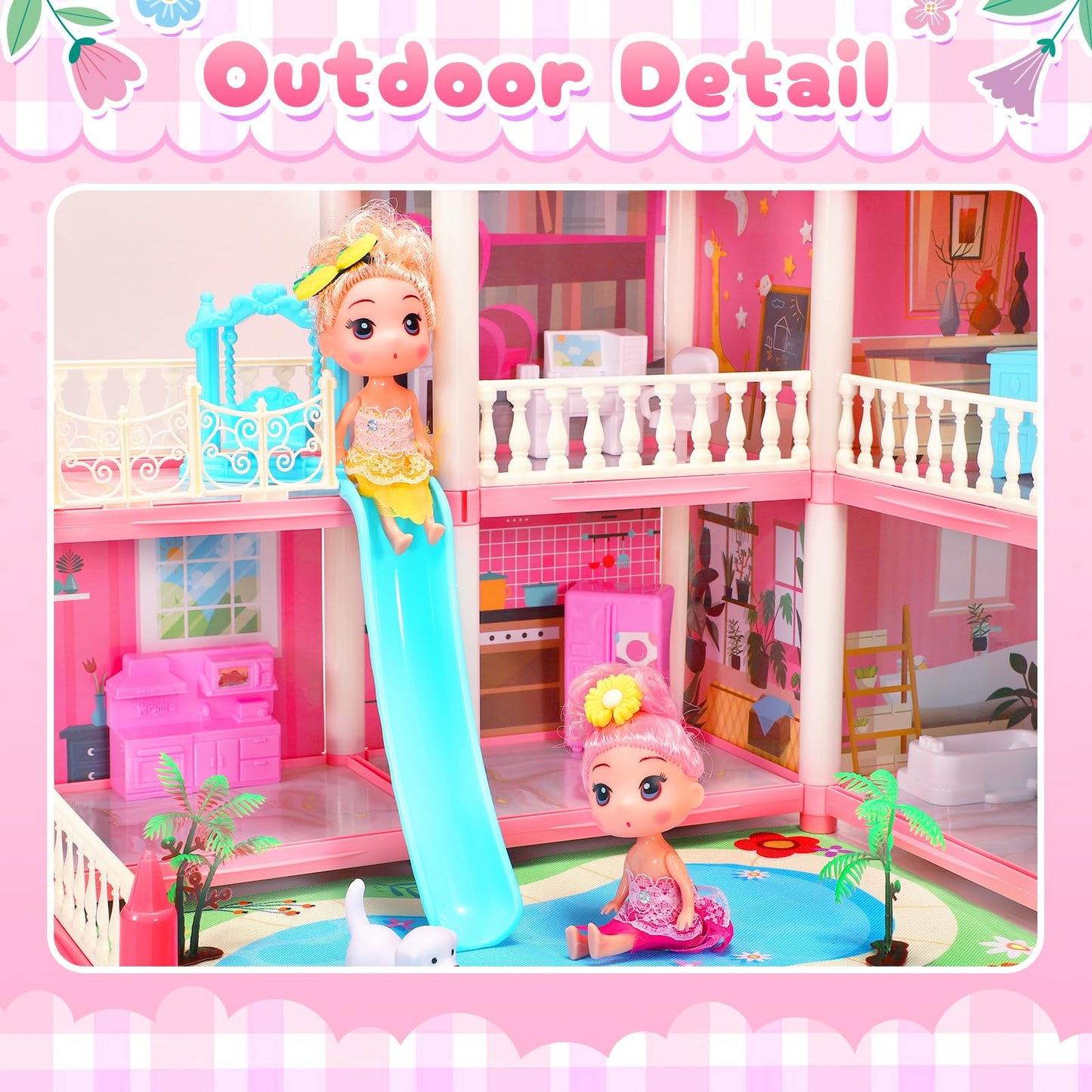 AmiDear 4-Story Dollhouse | 11 Rooms, Pool & Slide | Pink Princess Playset
