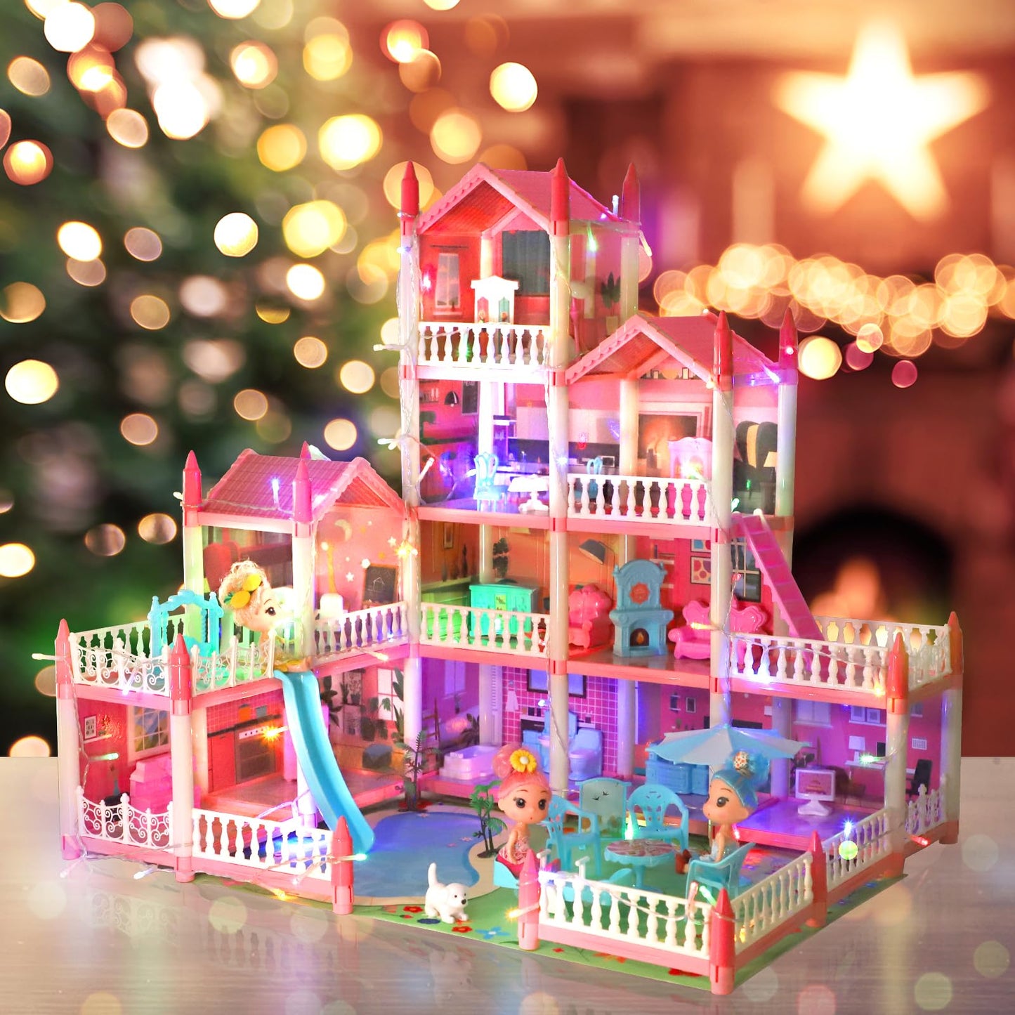 AmiDear 4-Story Dollhouse | 11 Rooms, Pool & Slide | Pink Princess Playset